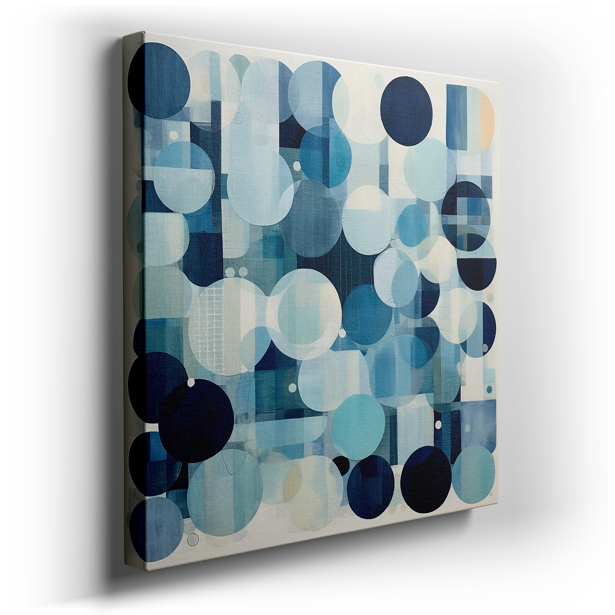 Blue and White Harmonious Circles, Symbolizing Unity and Serenity, Large Canvas Wall Art for Office Decor wrapped
