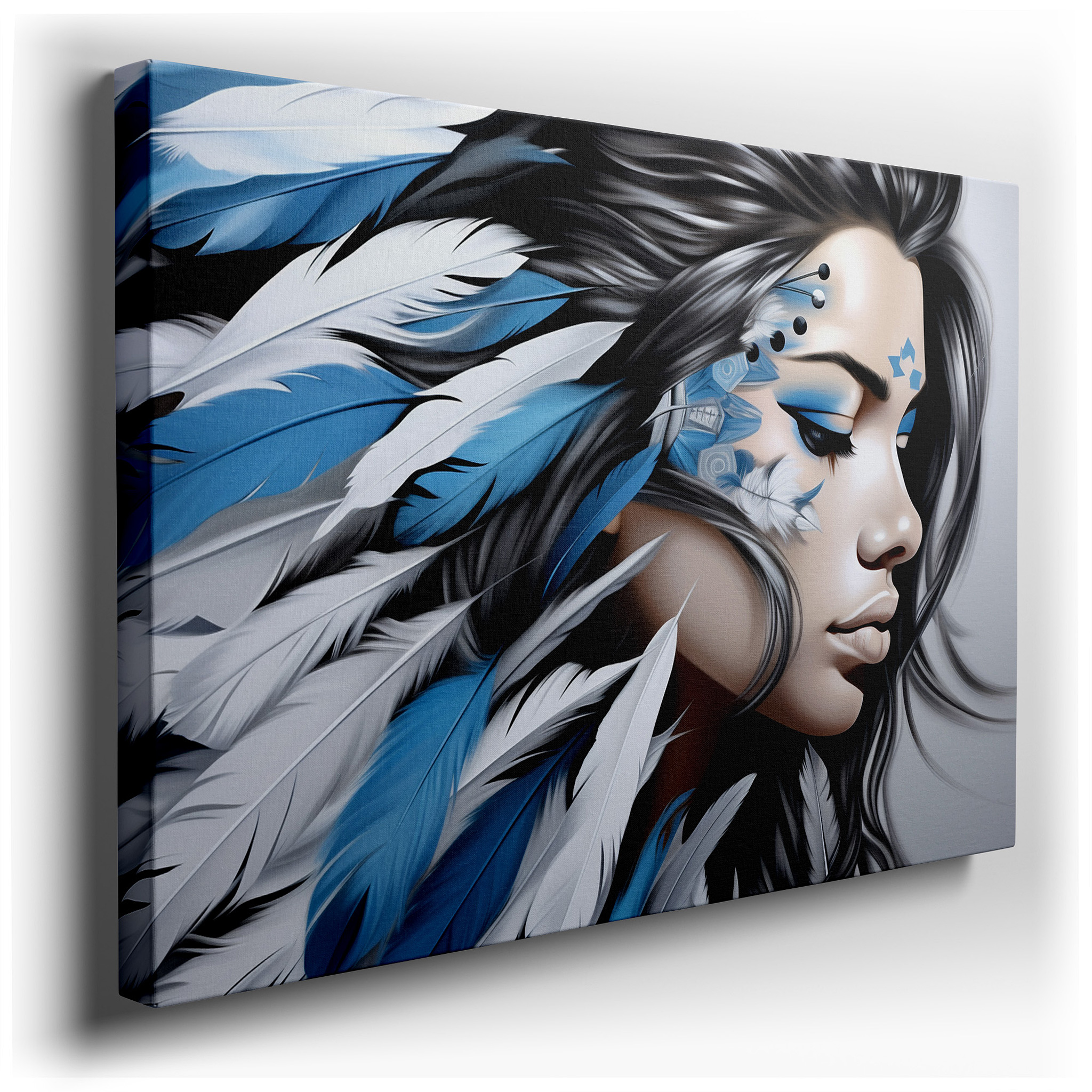 Blue and White Serene Elegance Feathered Headdress Large Canvas Wall Art for Office, Bedroom, and Living Room Decor