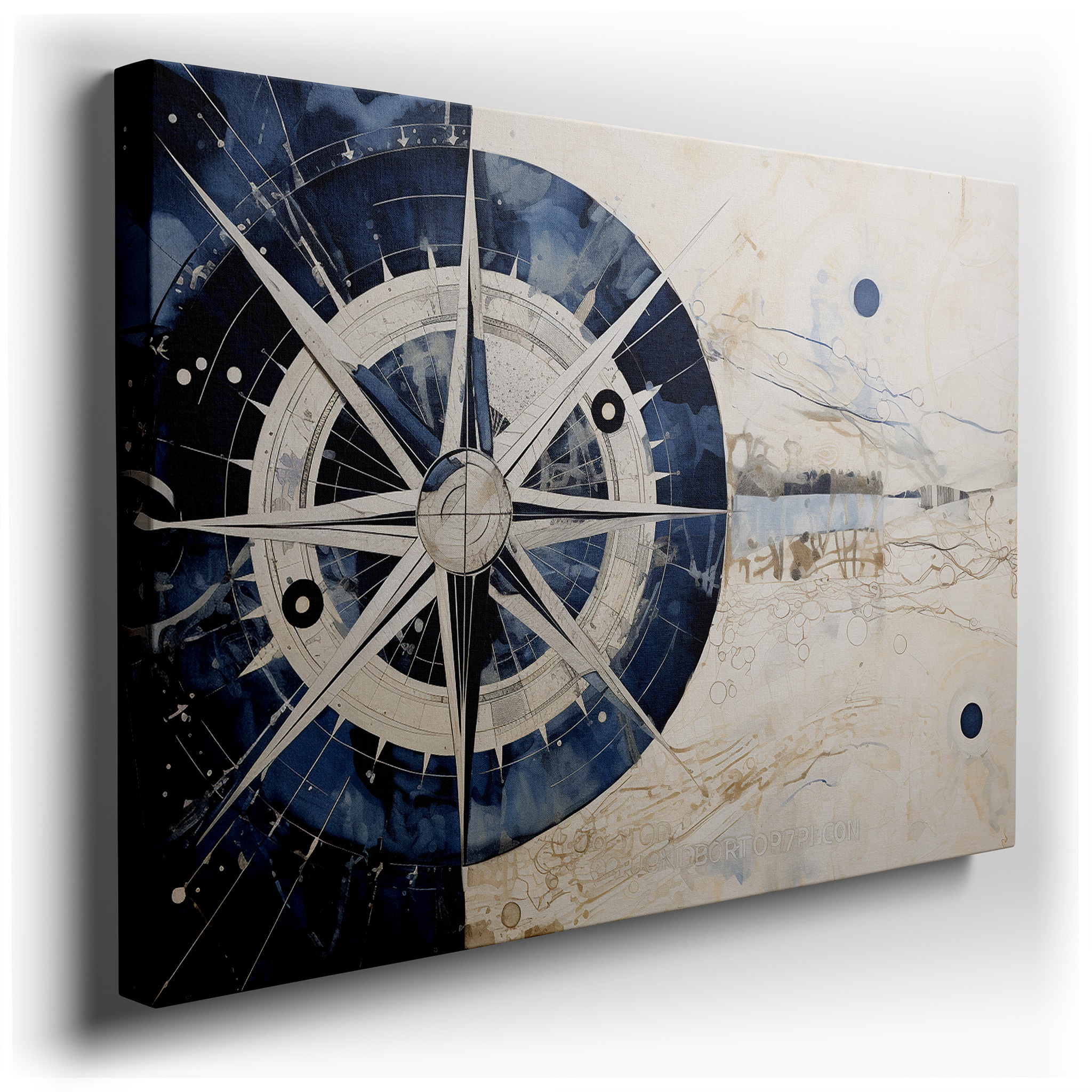 Blue and White Star Compass Design, Emblematic of Navigation and Discovery, Oversized Wall Art, Canvas Decor for Office