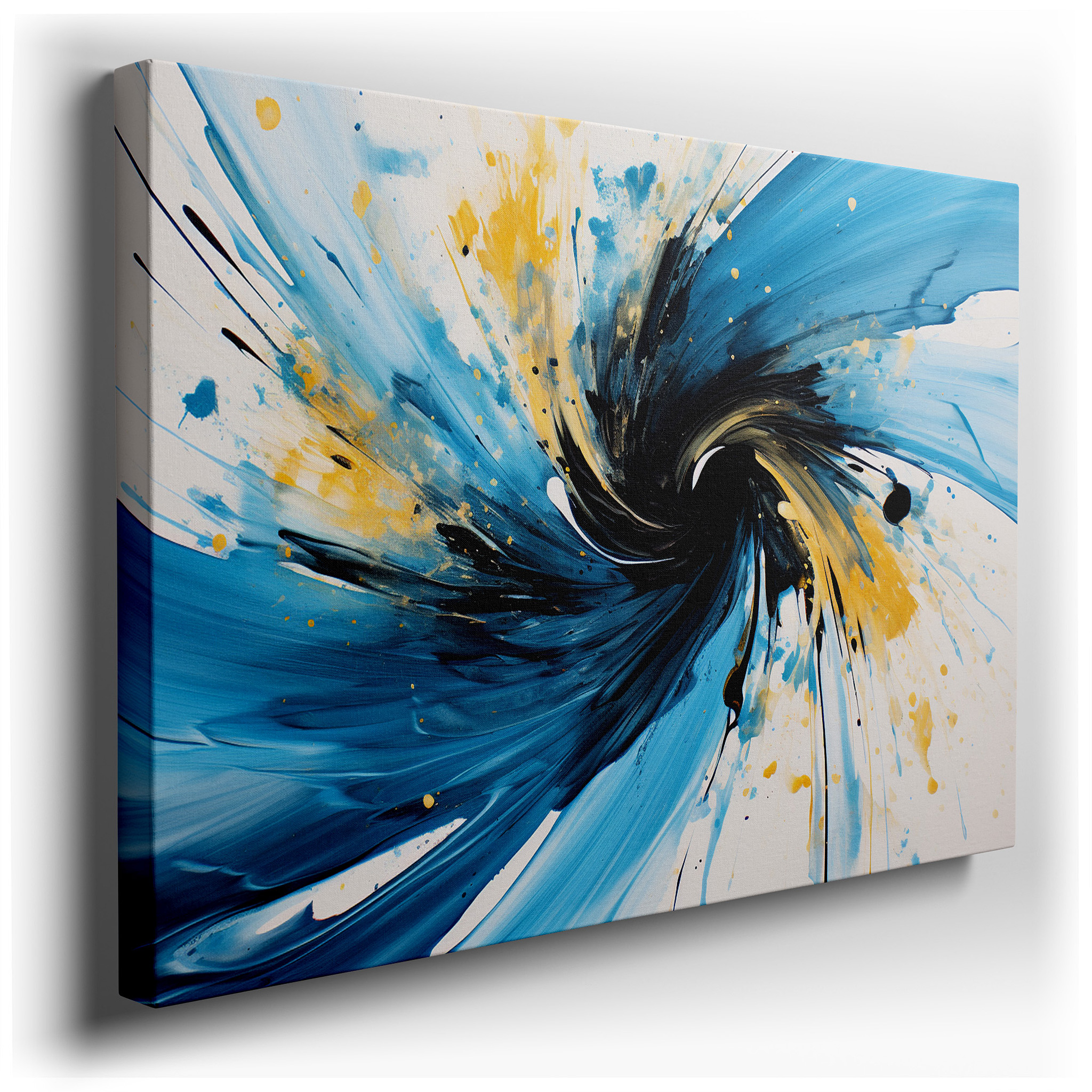 Blue and Yellow Dynamic Swirls Depicting Cosmic Motion and Playful Creativity - Large Canvas Wall Art for Office and