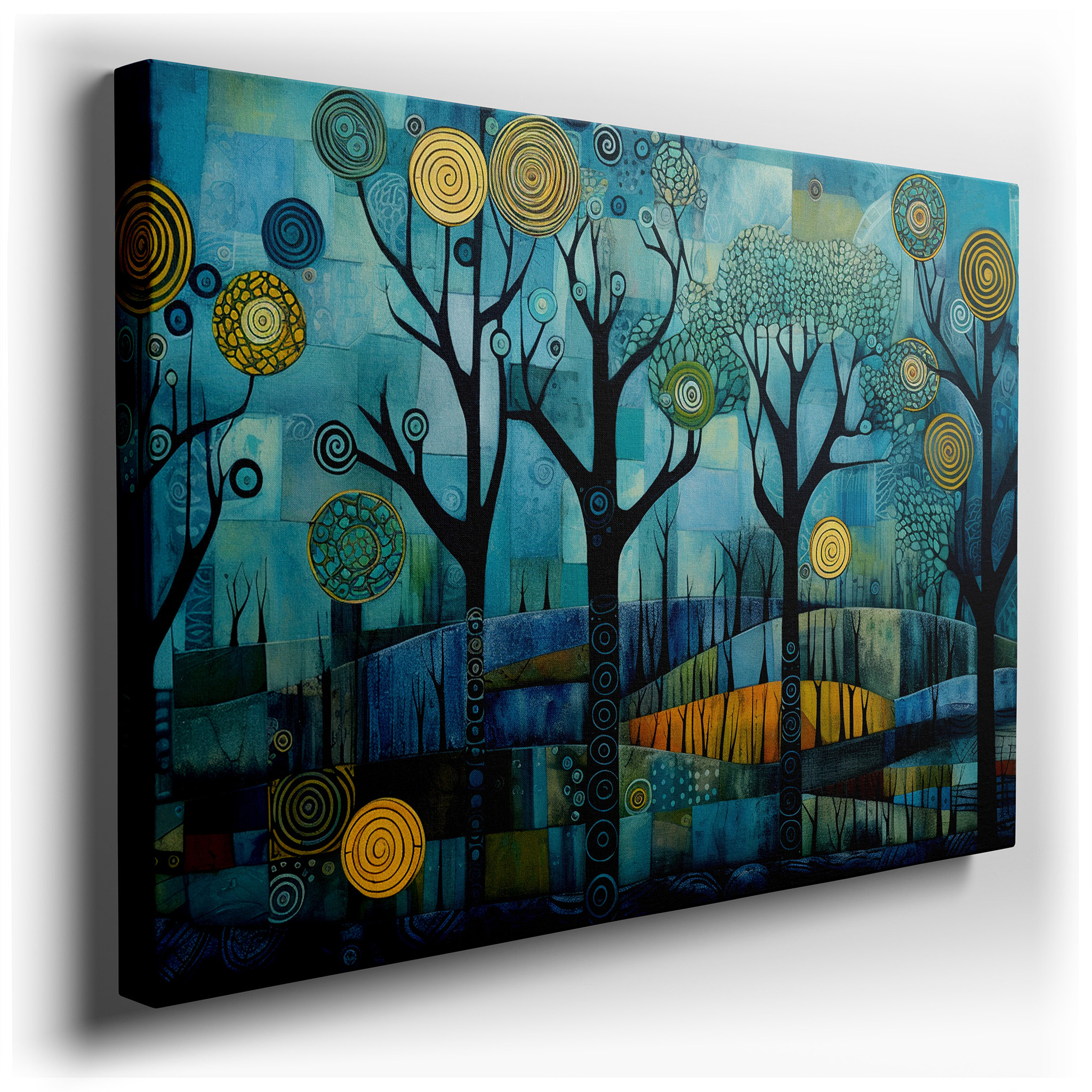 Blue and Yellow Ethereal Trees with Dynamic Swirls, Dreamy Abstract Nature Dance Large Wall Art, Canvas Wall Art, Wall