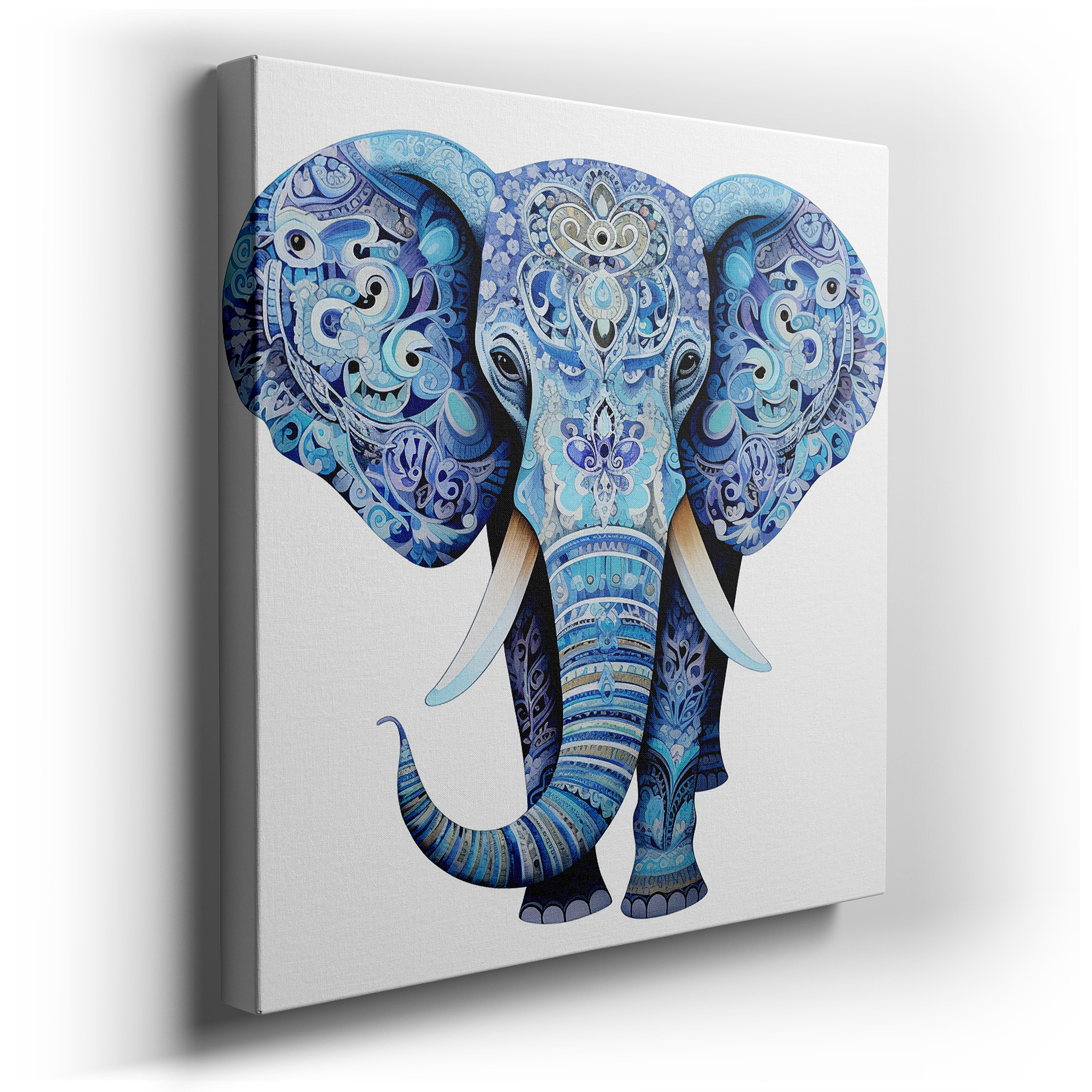 Blue Elephant Wall Art Featuring Geometric Patterns: A Symbol of Peace and Cultural Richness - Large Canvas Art for
