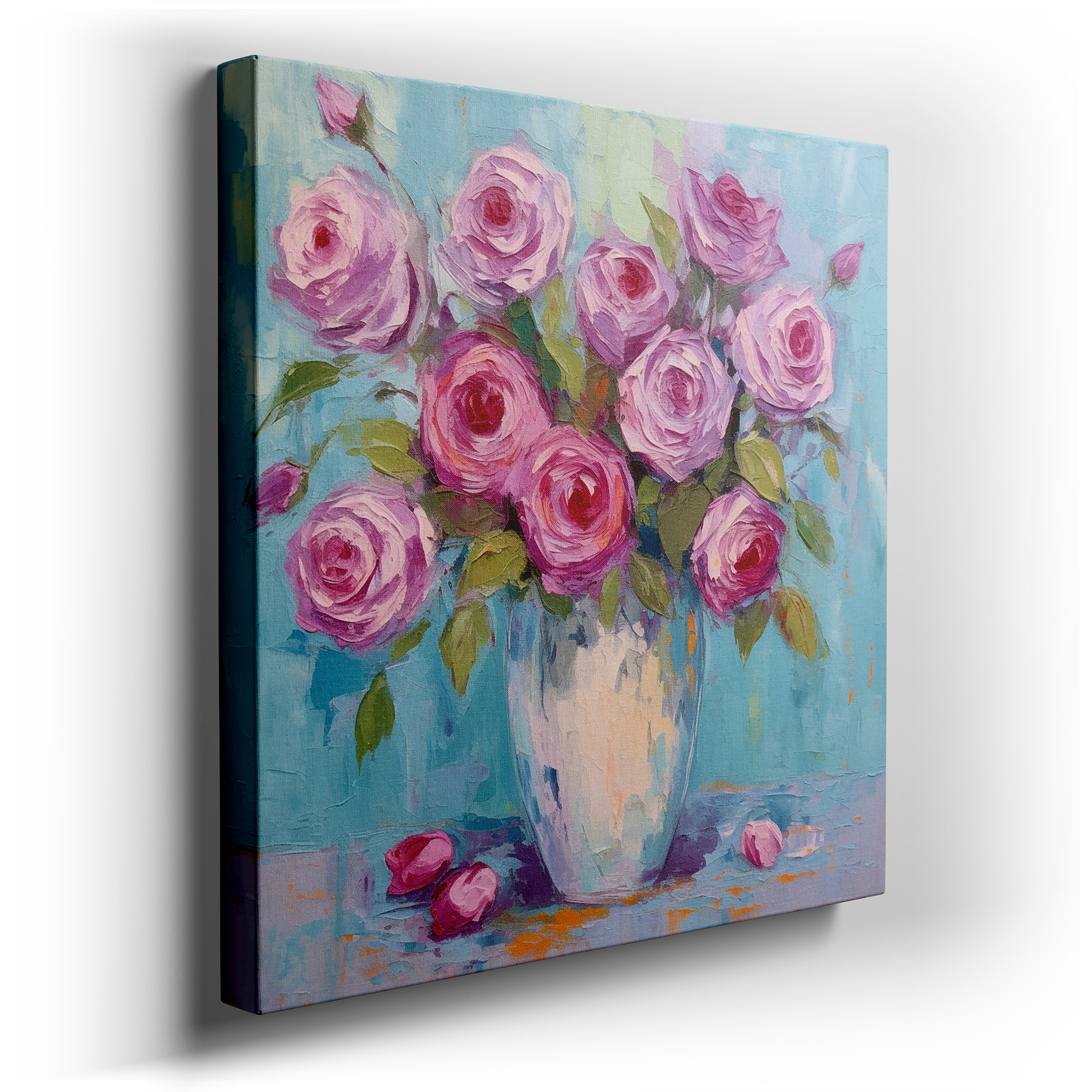Blush Pink Roses in Serene Blue Large Canvas Wall Art for Office, Bedroom, and Living Room Decor wrapped canvas - main