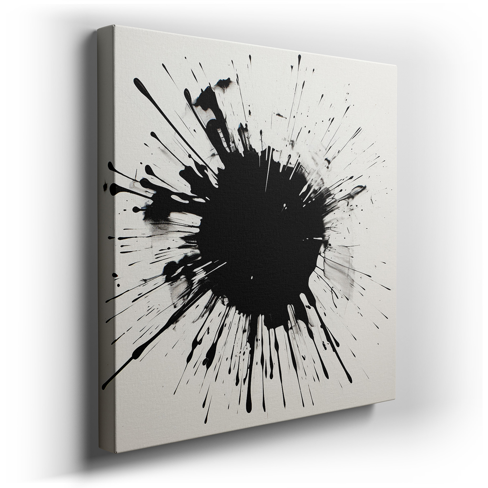 Bold Black Ink Splash on White Canvas: Exploring Abstract Expressionism and Dynamic Contrast - Large Wall Art, Canvas