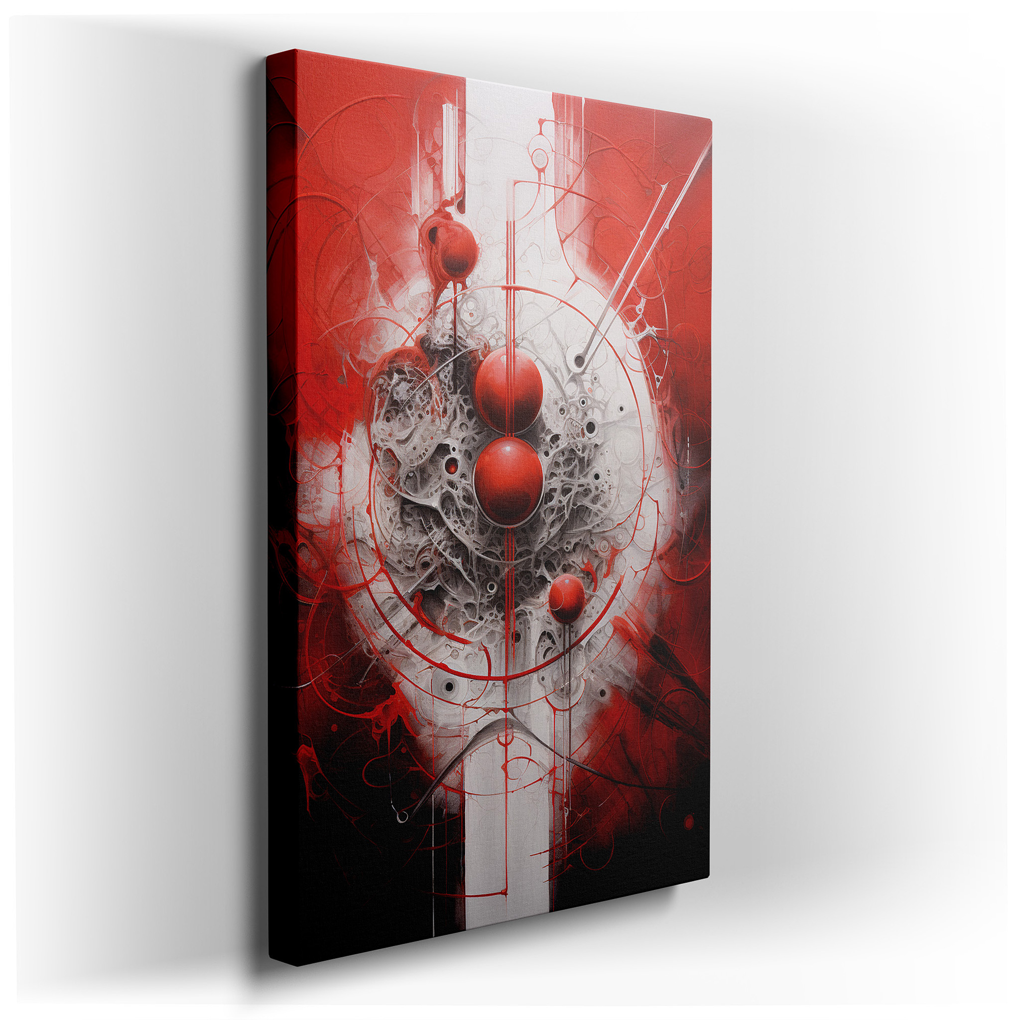 Bright reds and crisp whites swirl on the canvas, forming a concert of circular forms and abstract strokes, ideal for