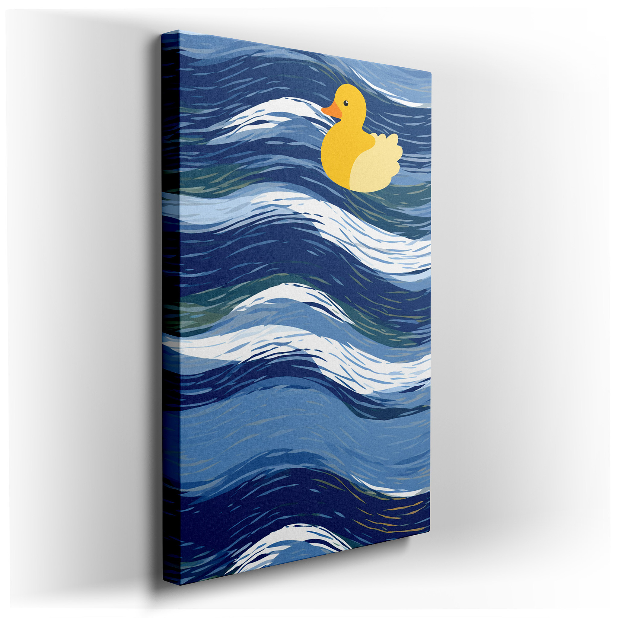 Bright Yellow Duck Sailing on Calm Blue Waters, Representing Happiness and Optimism, Large Wall Art, Canvas Wall Art,