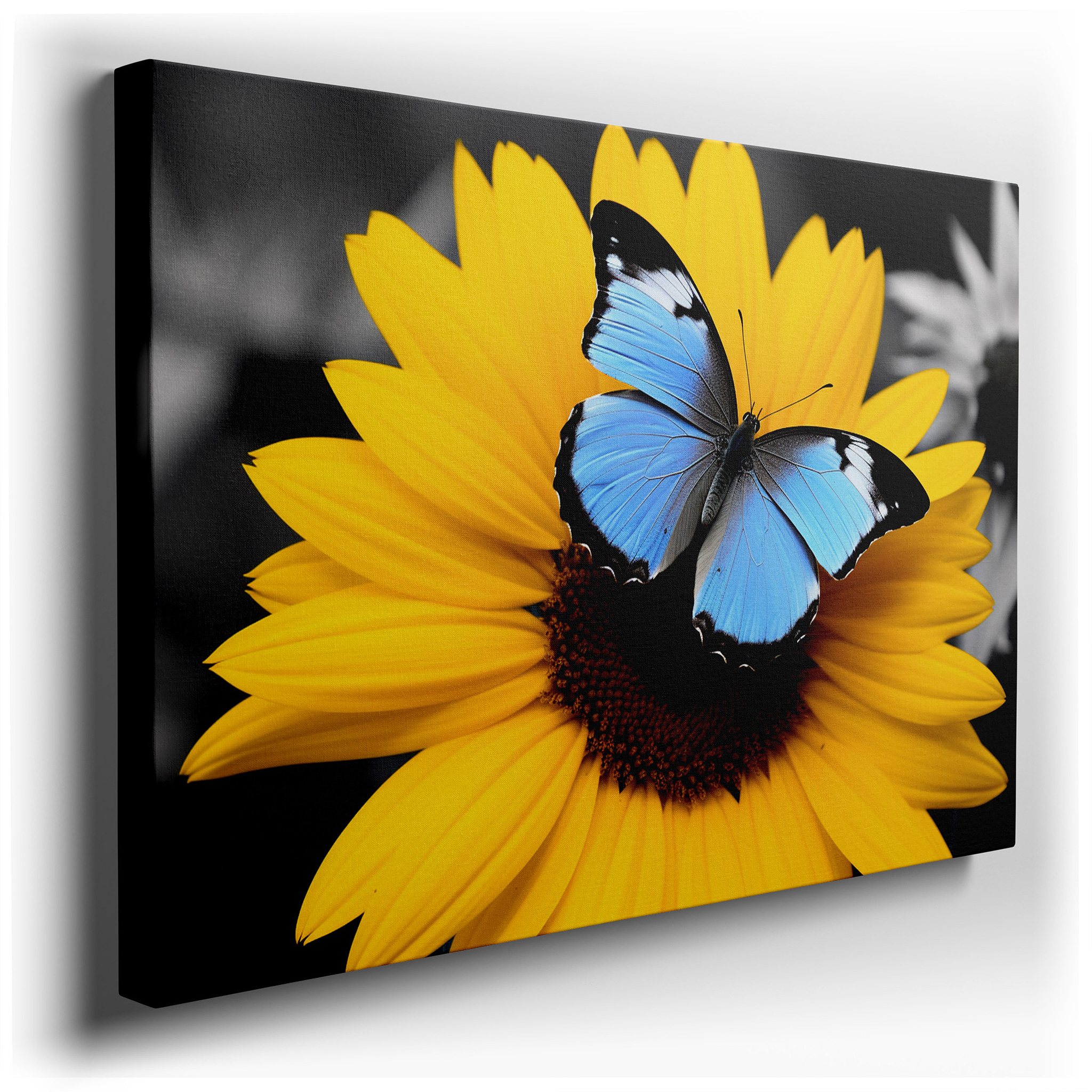Bright Yellow Sunflower with Vivid Blue Butterfly, Tranquil and Vibrant Large Wall Art, Canvas Wall Art, Wall Decor for