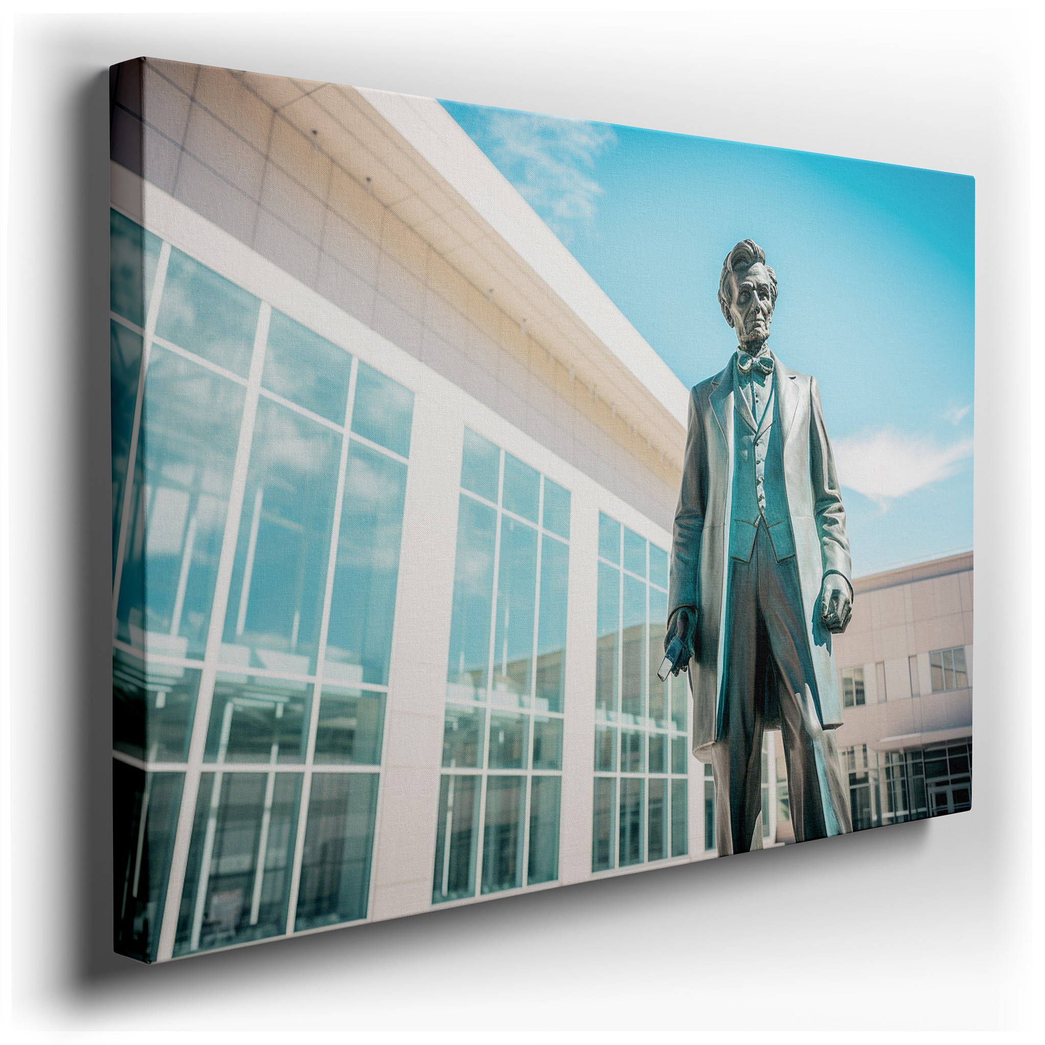 Bronze Statue and Modern Architecture: A Timeless Conversation - Large Canvas Wall Art for Office, Bedroom, and Living