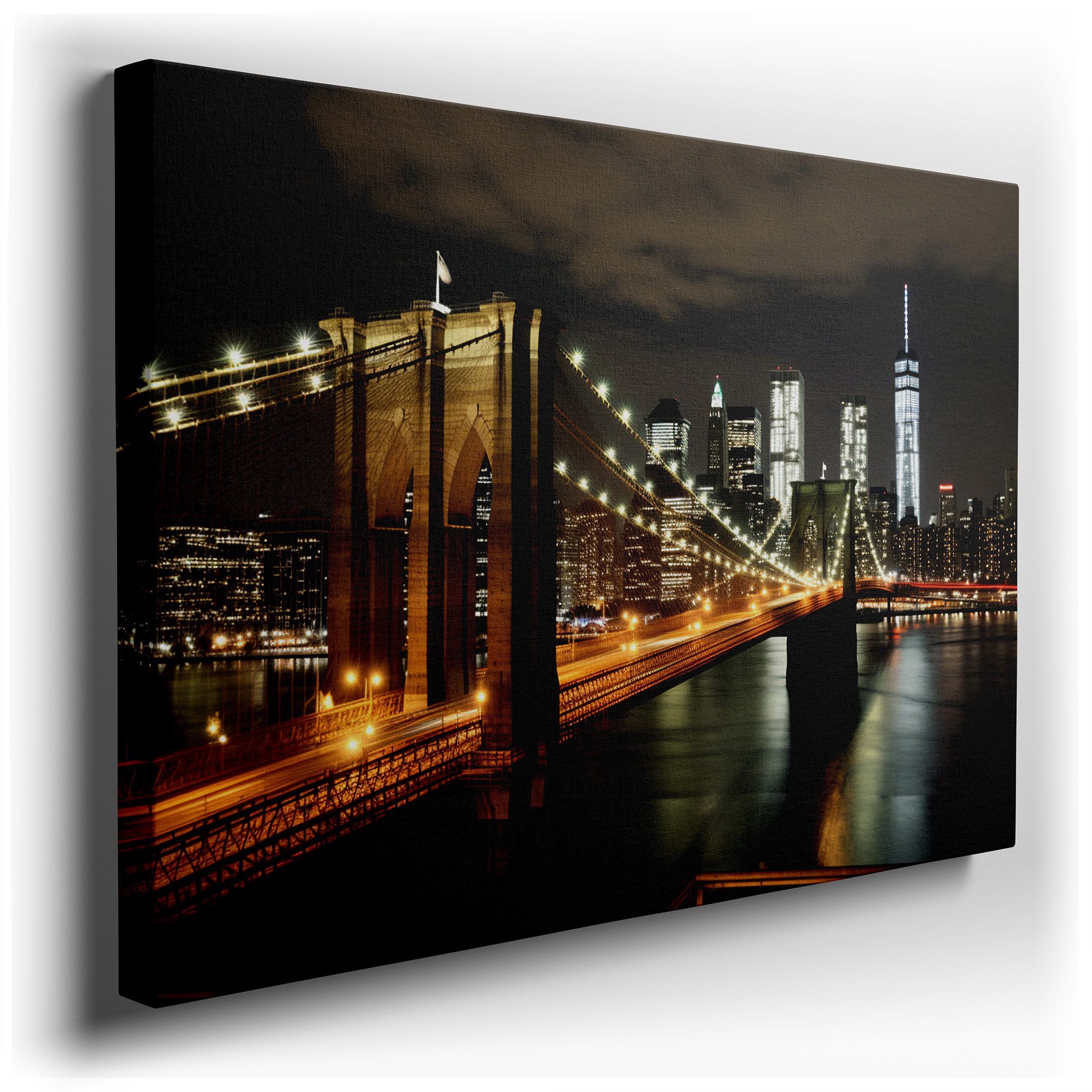 Brooklyn Bridge at Night: Golden Lights Elegance - Large Canvas Wall Art for Office, Bedroom, and Living Room Decor