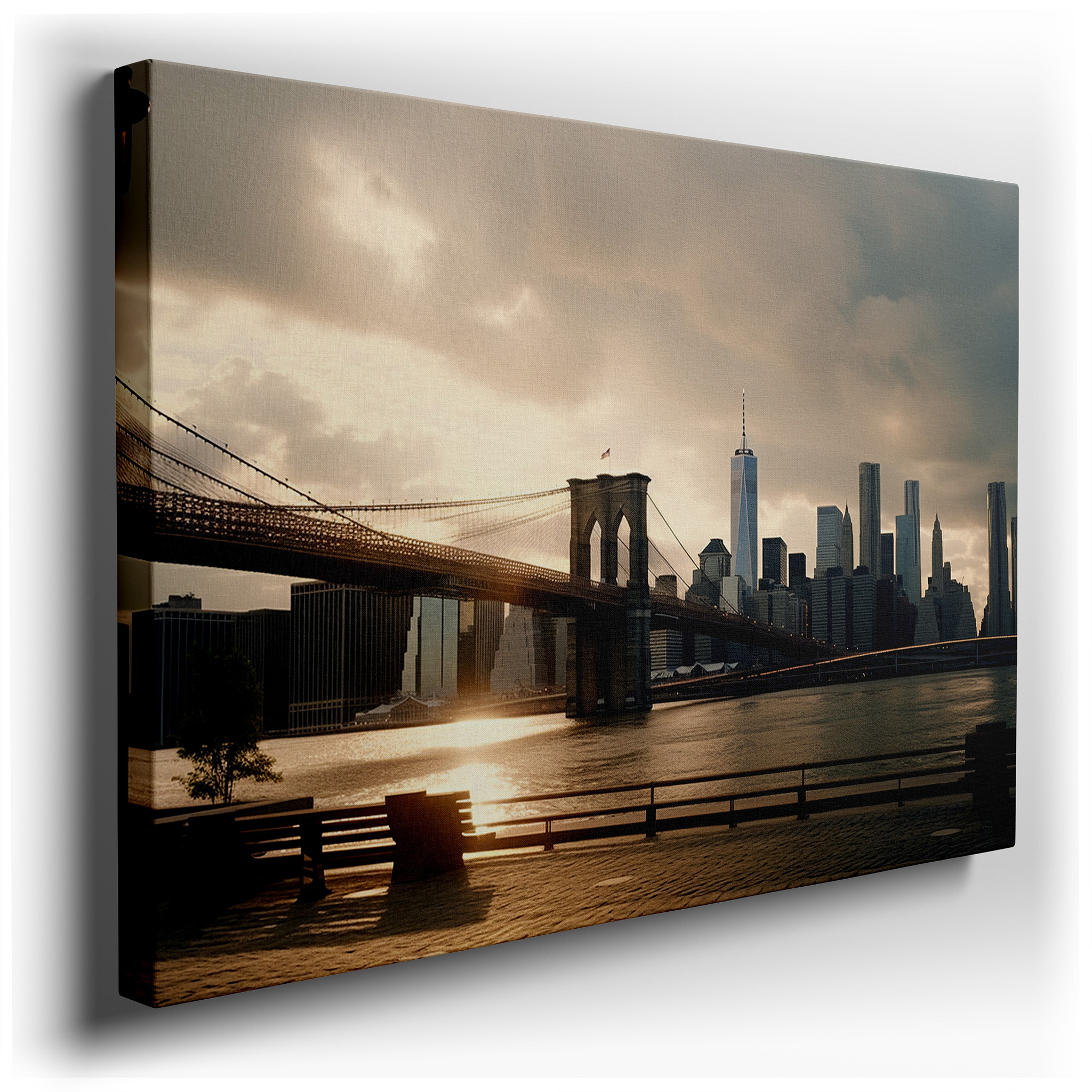 Brooklyn Bridge at Sunset Wall Art - A Serene Mix of Cityscape and Nature, Large Canvas Art for Home and Office Decor,