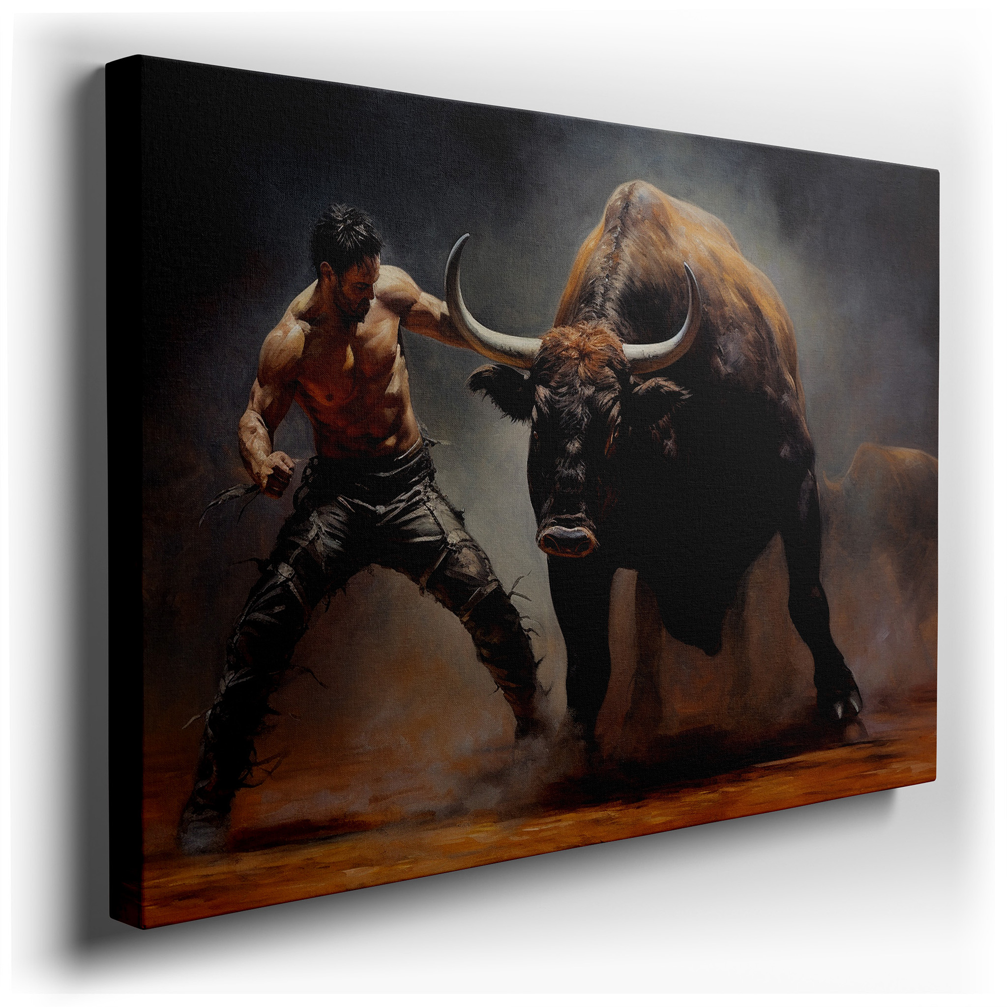 Bull and Man Engage in a Powerful Dance of Bravery in a Sunlit Arena - Large Canvas Wall Art for Office Decor wrapped