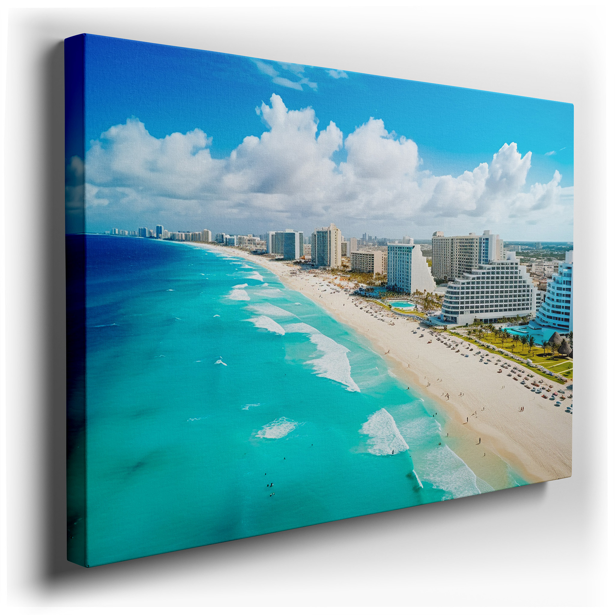 Cancun's Aerial Splendor: Beach Paradise with Lush Resorts and Turquoise Waters - Large Canvas Wall Art for Office