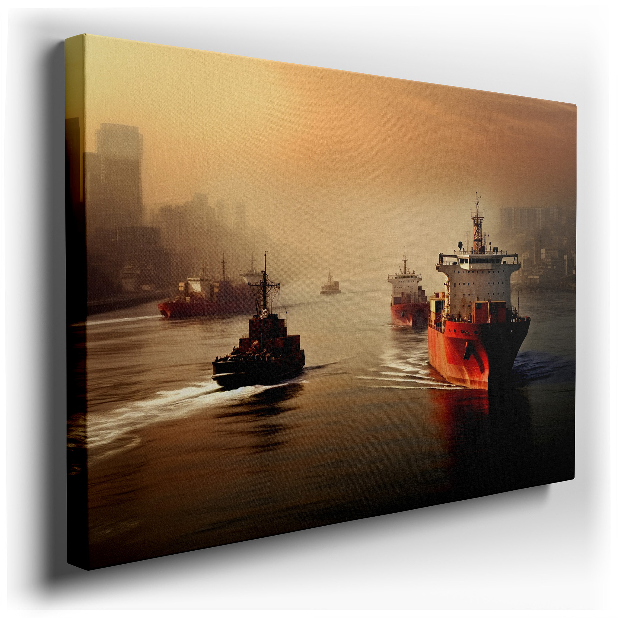Cargo Ships at Dusk: Where Industrial Energy and Scenic Calm Merge in a Reflective Waterway Scene - Large Wall Art,