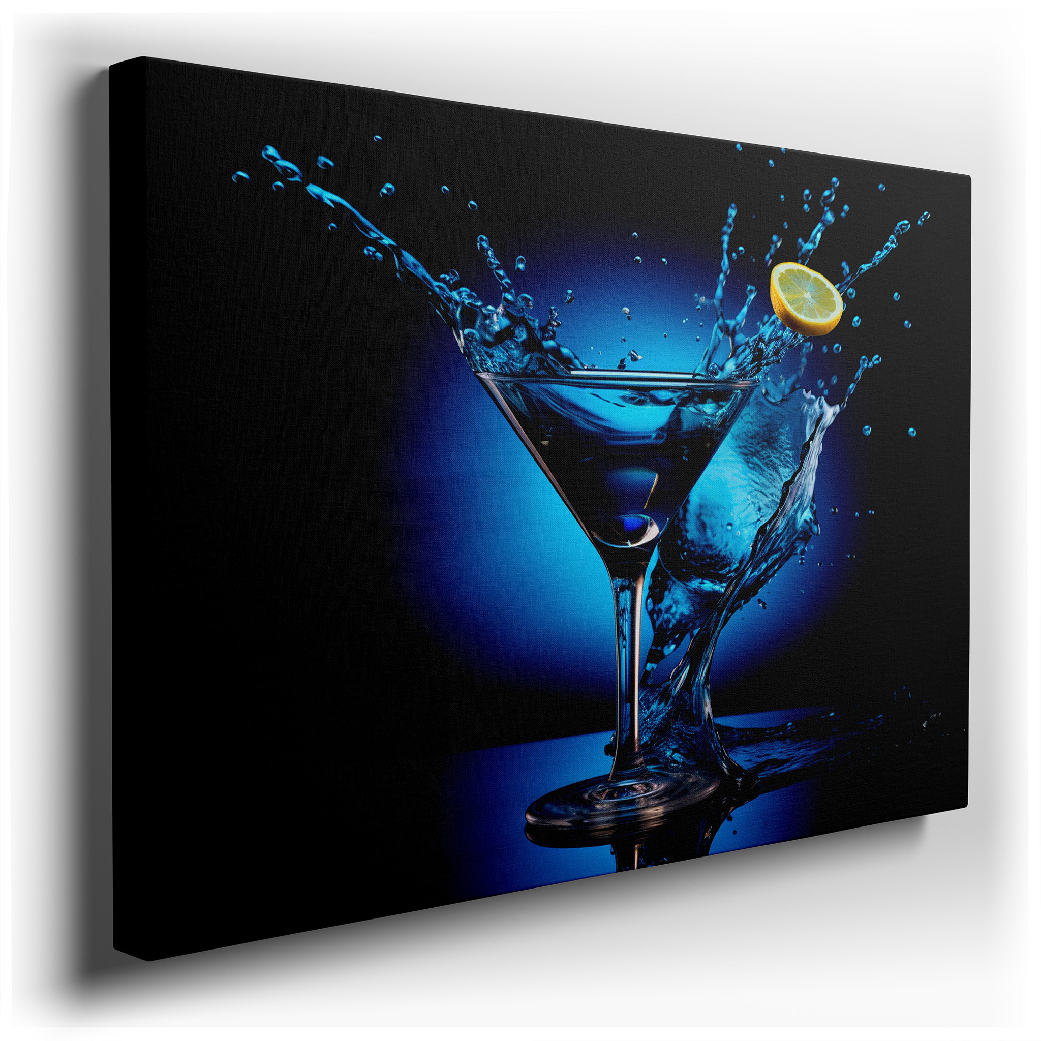 Celebrating Cocktail Culture: Martini Glass Splash on Vibrant Blue Background - Large Canvas Wall Art for Office Decor