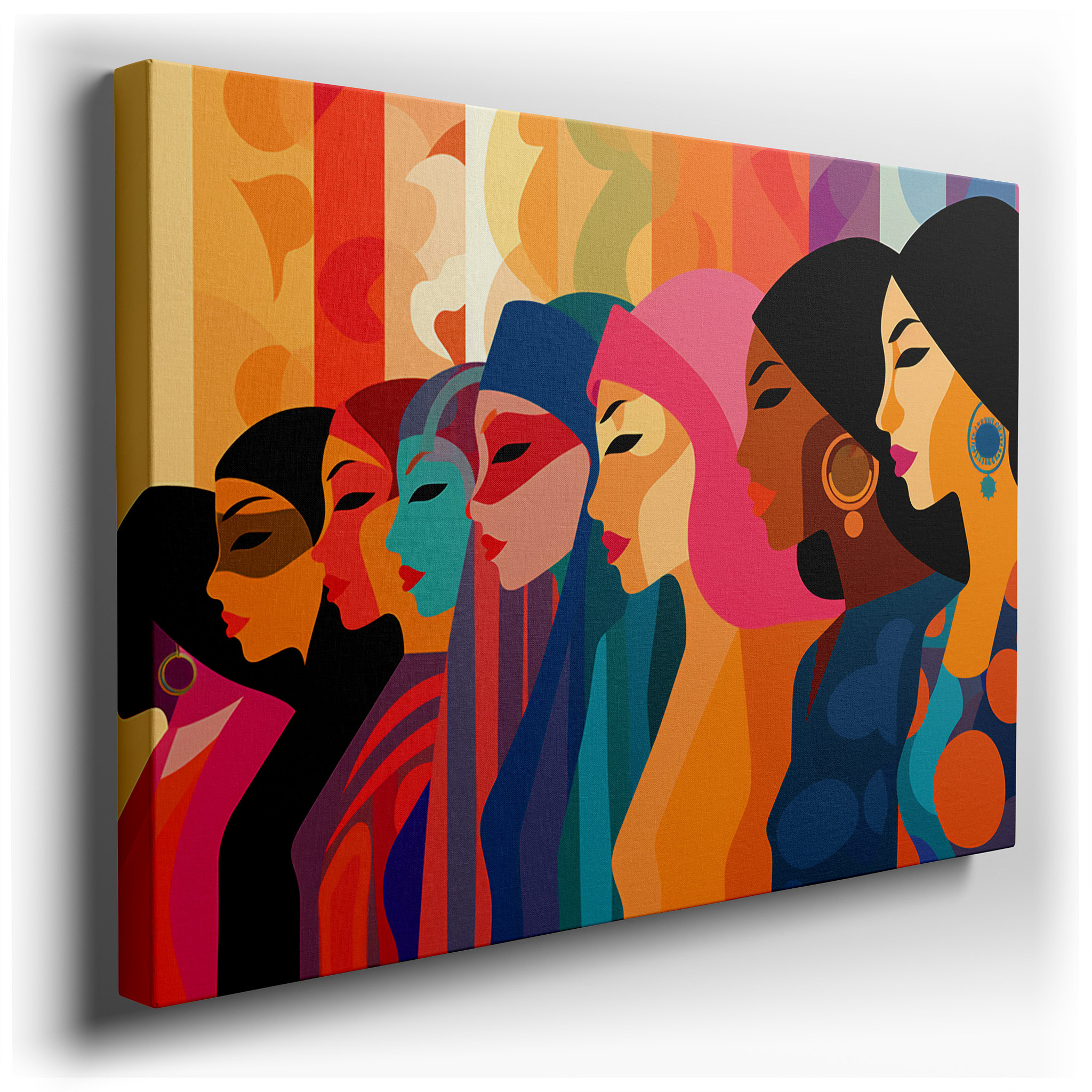 Celebrating Diversity with Stylized Women's Portraits in a Colorful Tapestry of Cultures - Large Wall Art, Canvas Wall