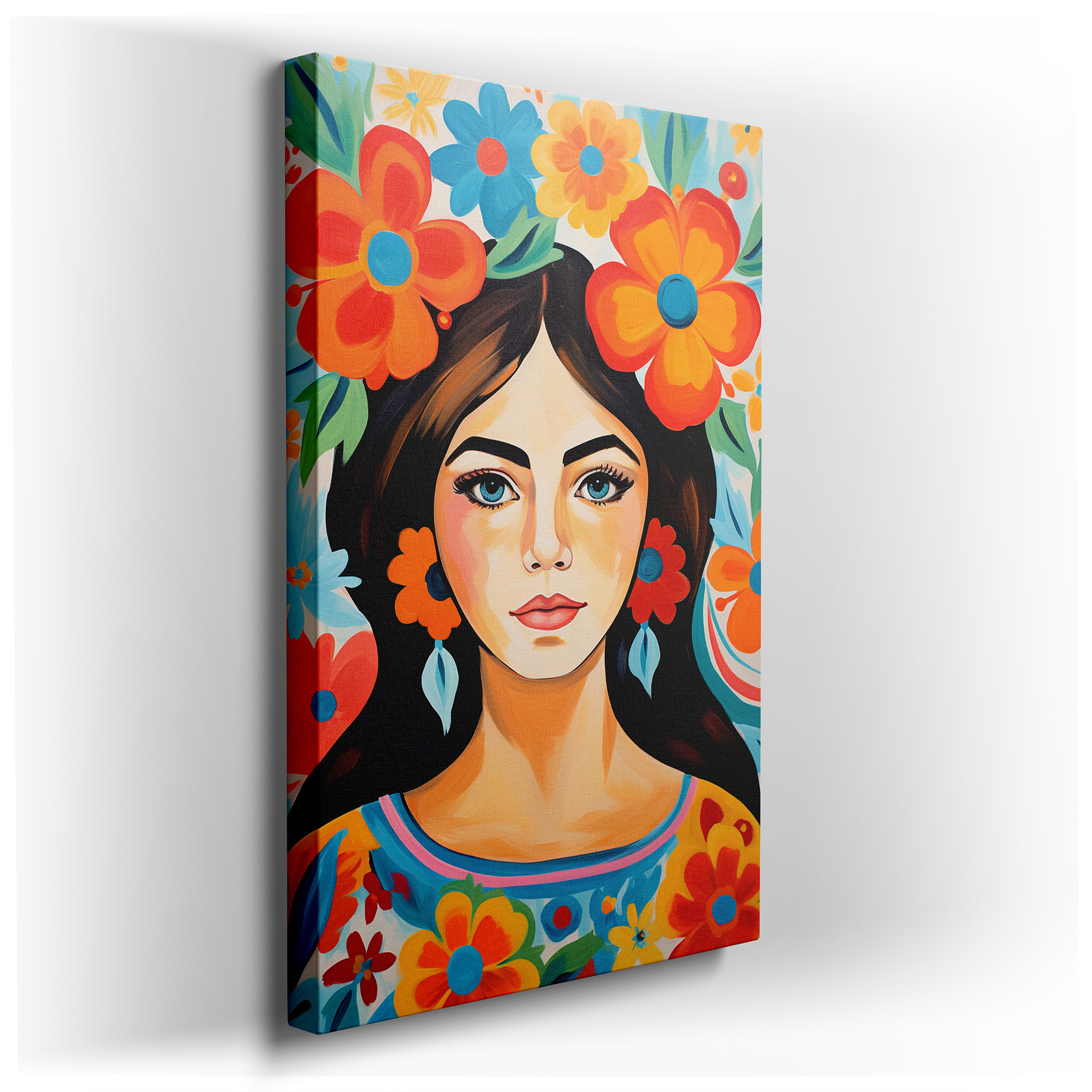 Celebrating Nature, Femininity, and Joy with a Radiant Smiling Woman Adorned with Colorful Flowers - Large Canvas Wall
