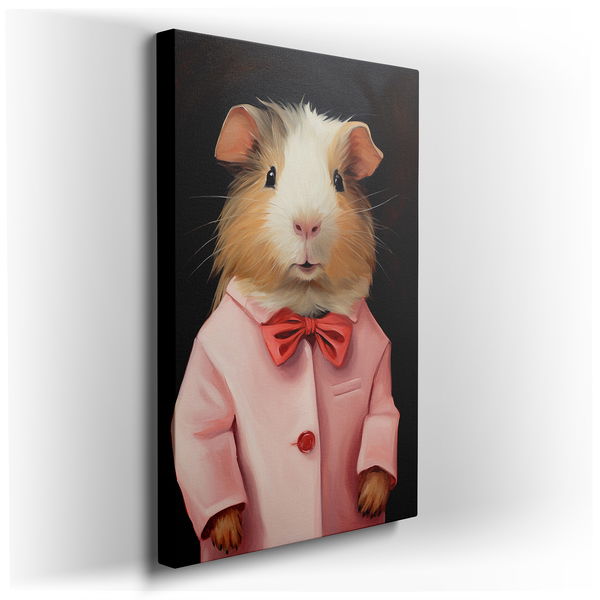 Charming Guinea Pig in Pink Coat and Bowtie - Whimsical Canvas Wall Art