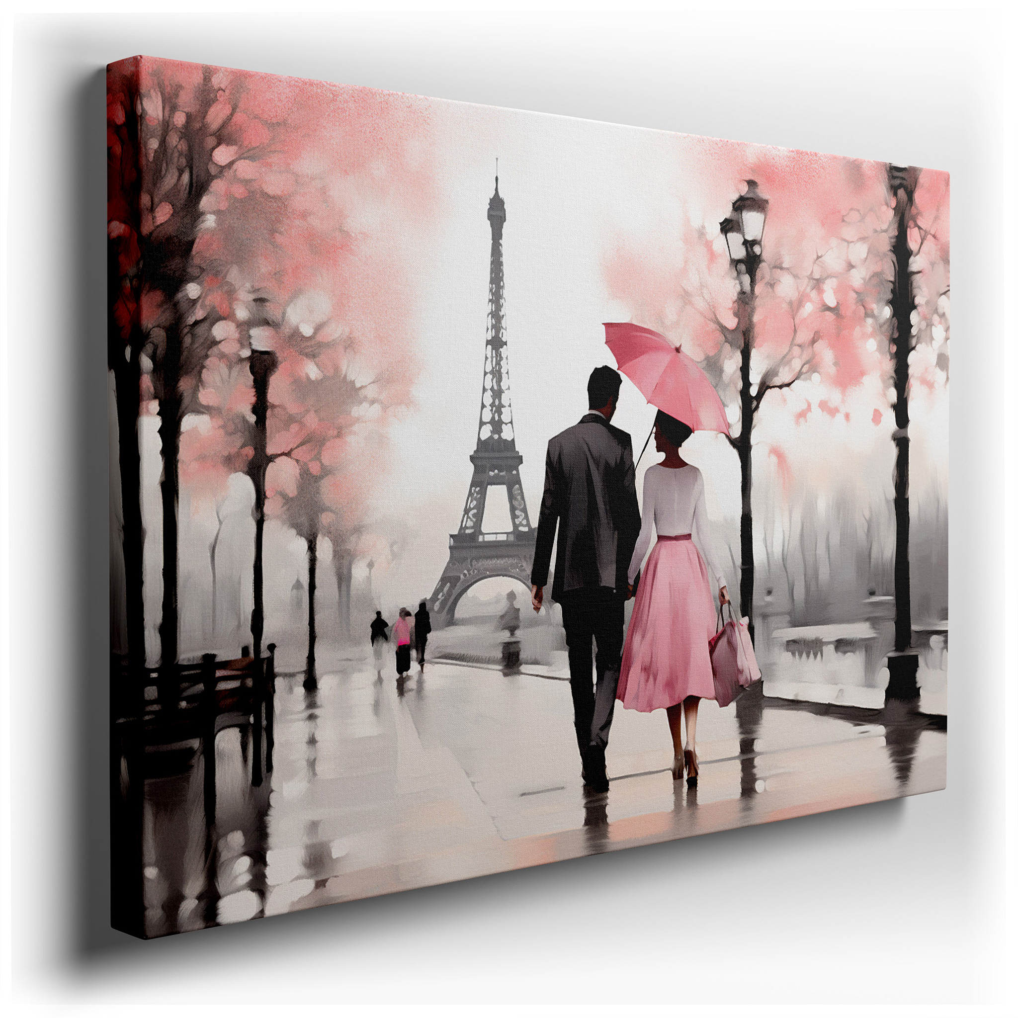 Cherry Blossoms and Eiffel Tower Romantic Stroll Large Canvas Wall Art for Office, Bedroom, and Living Room Decor
