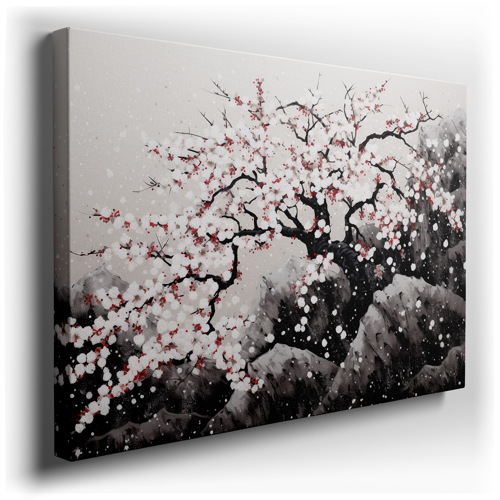 Cherry Blossoms and Snow - Capped Mountains Large Canvas Wall Art for Office and Bedroom Decor wrapped canvas - main