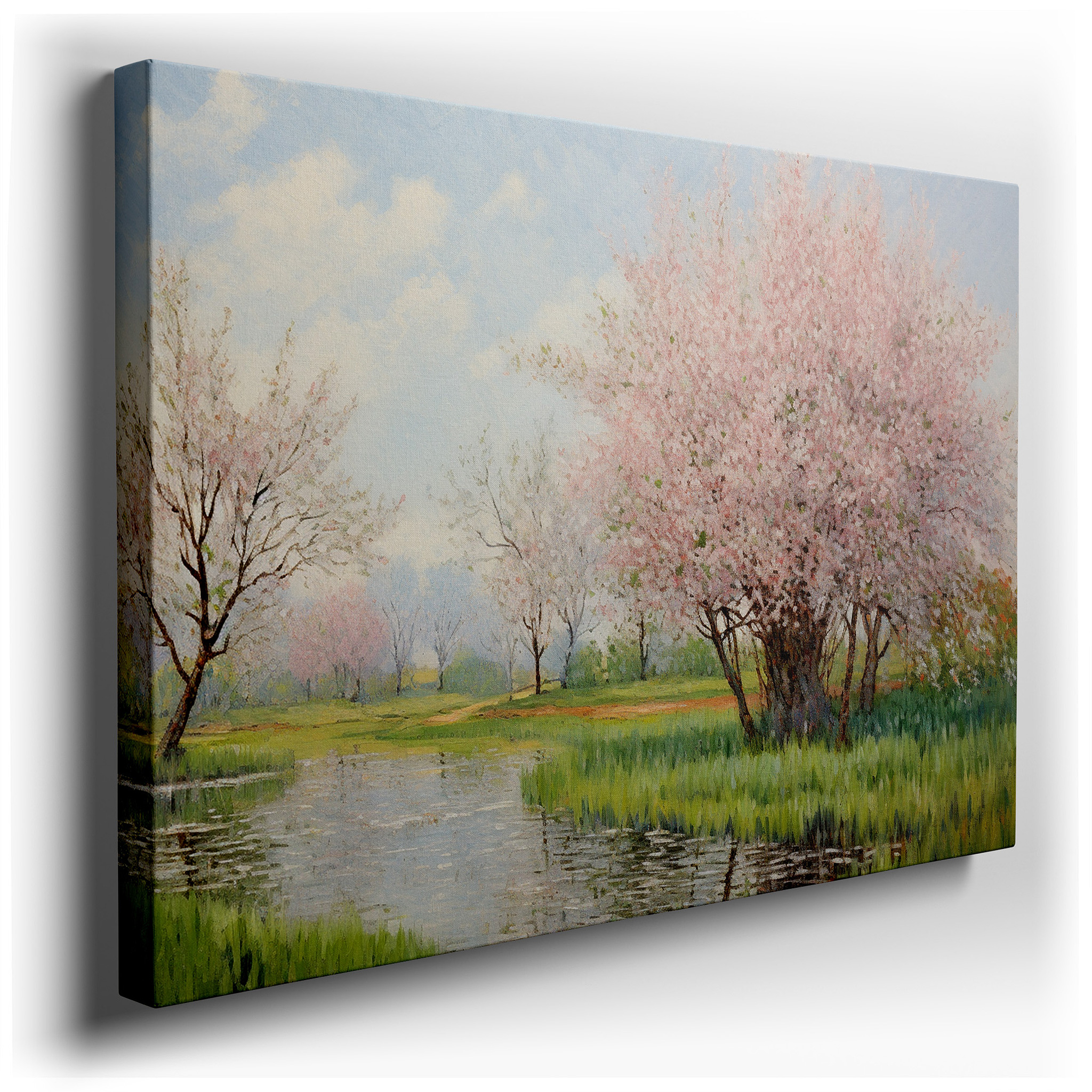 Cherry Blossoms and Tranquil Waters Spring Essence Large Canvas Wall Art for Office, Bedroom, and Living Room Decor