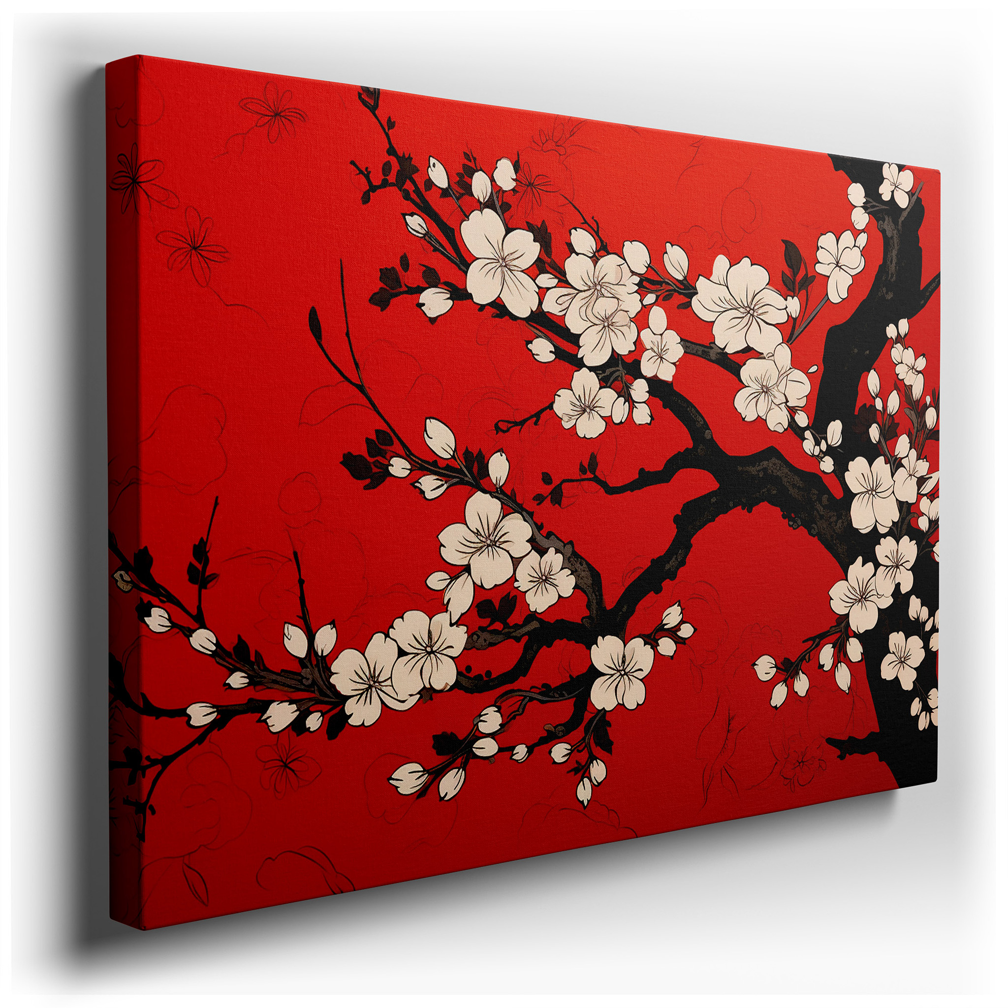 Cherry Blossoms of Renewal on Vibrant Red Background Large Canvas Wall Art for Office and Bedroom Decor wrapped canvas