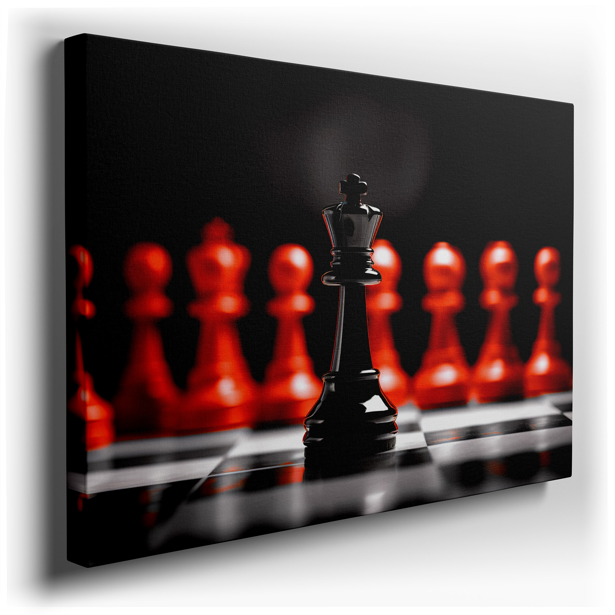 Chess Strategy and Intellectual Mastery Wall Art Featuring a Majestic Black King and Advancing Red Pawns, Large Canvas