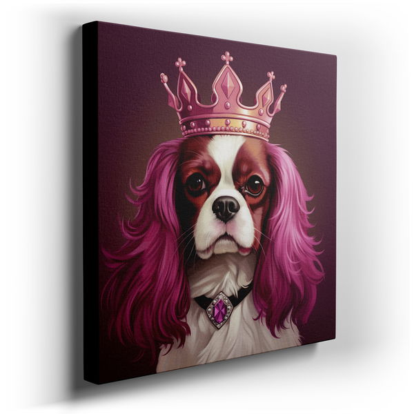Chestnut and White Cavalier King Charles Spaniel with Crown - Whimsical Canvas W