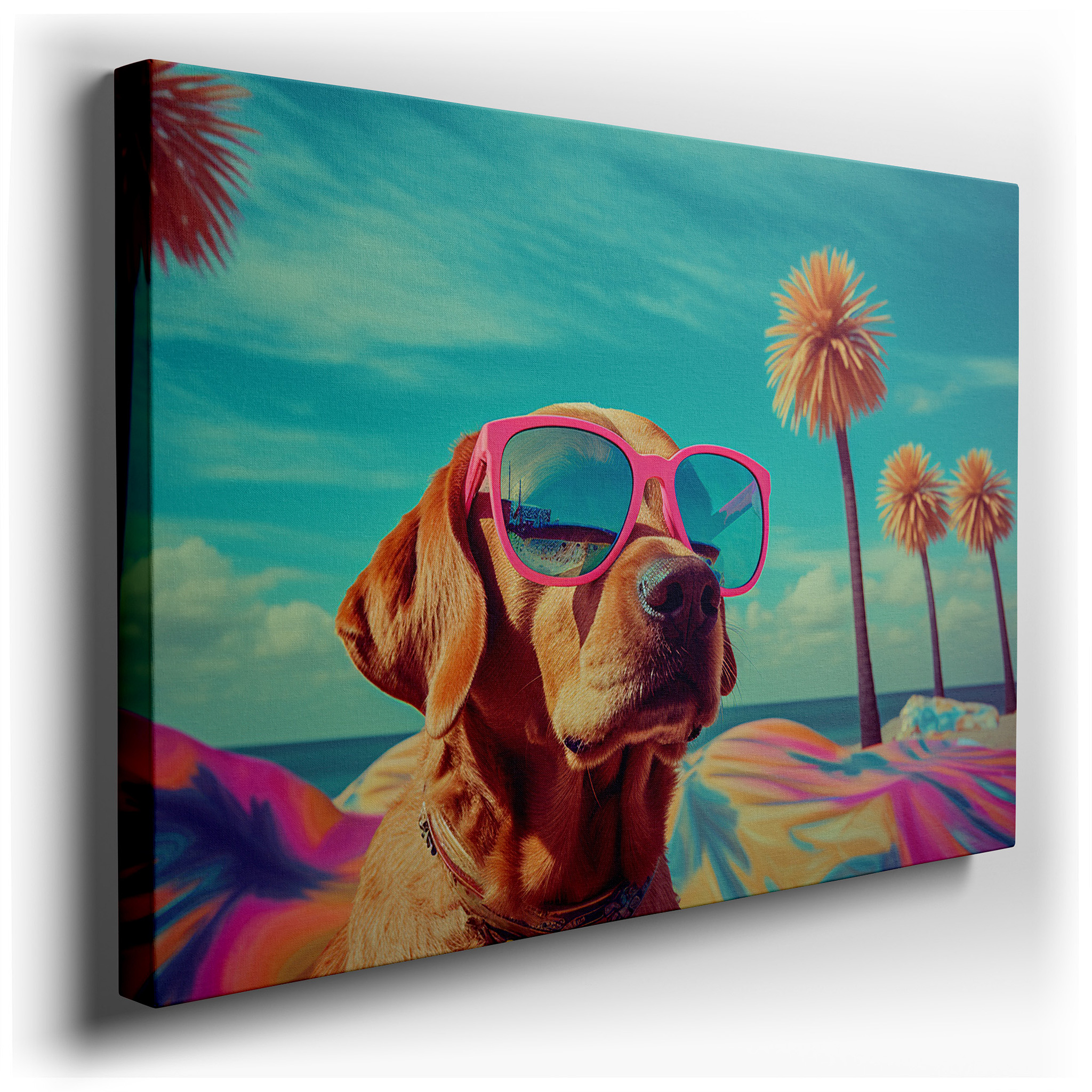 Chic Dog in Pink Sunglasses Beach - Themed Large Wall Art, Canvas Decor for Office, Bedroom, and Living Room wrapped