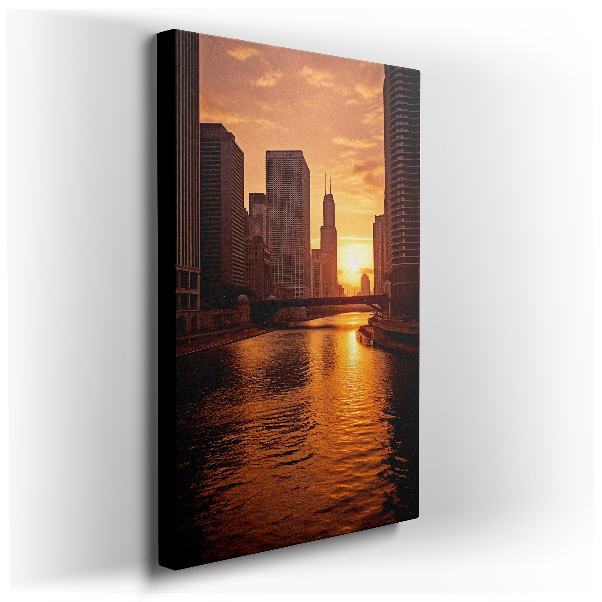 Chicago River Sunset - Golden Cityscape Silhouette with Vibrant Skies Large Wall Art, Canvas Wall Art, Wall Decor for