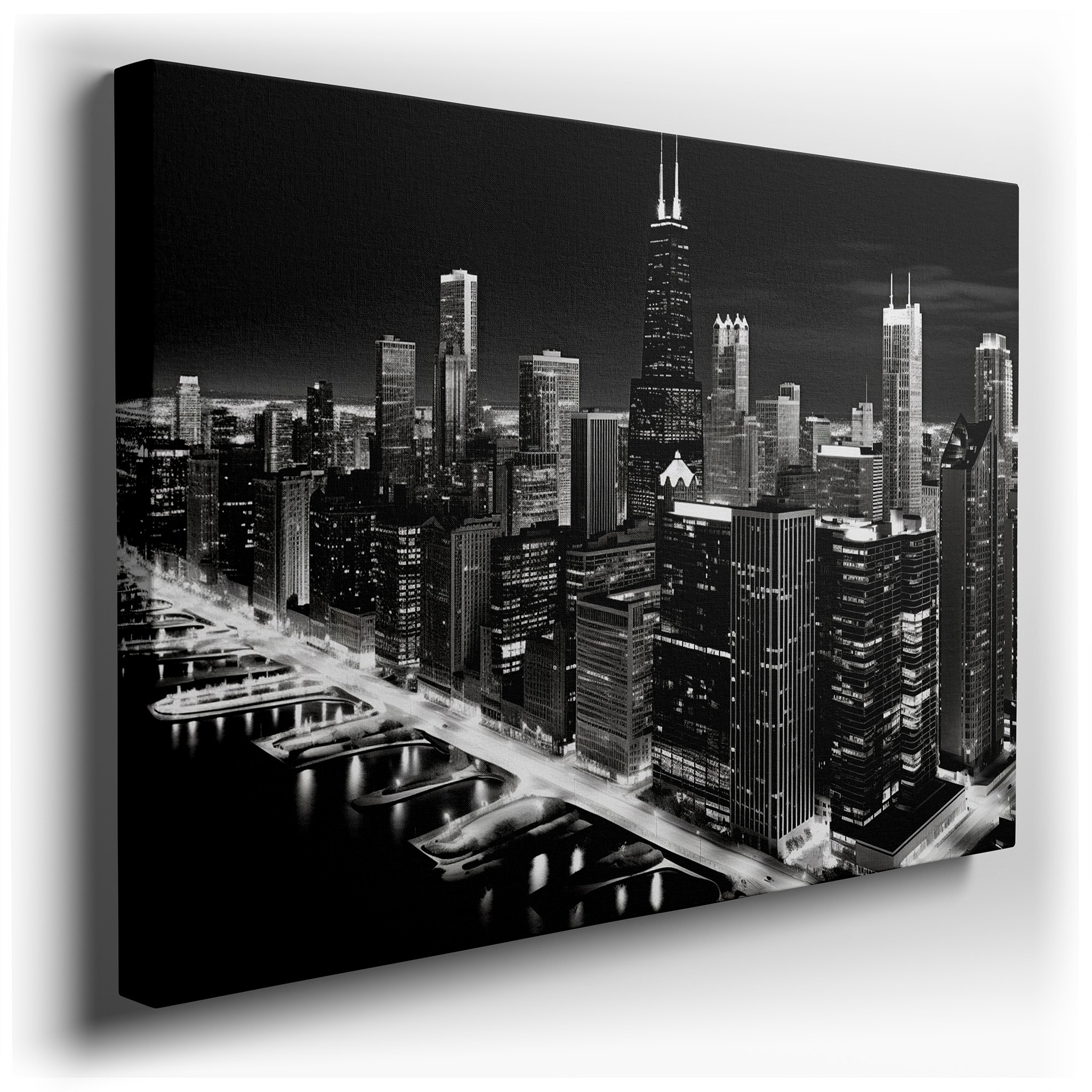 Chicago Skyline at Night in Black and White: Majestic View with Willis Tower Dominating the Skyscrapers - Large Canvas