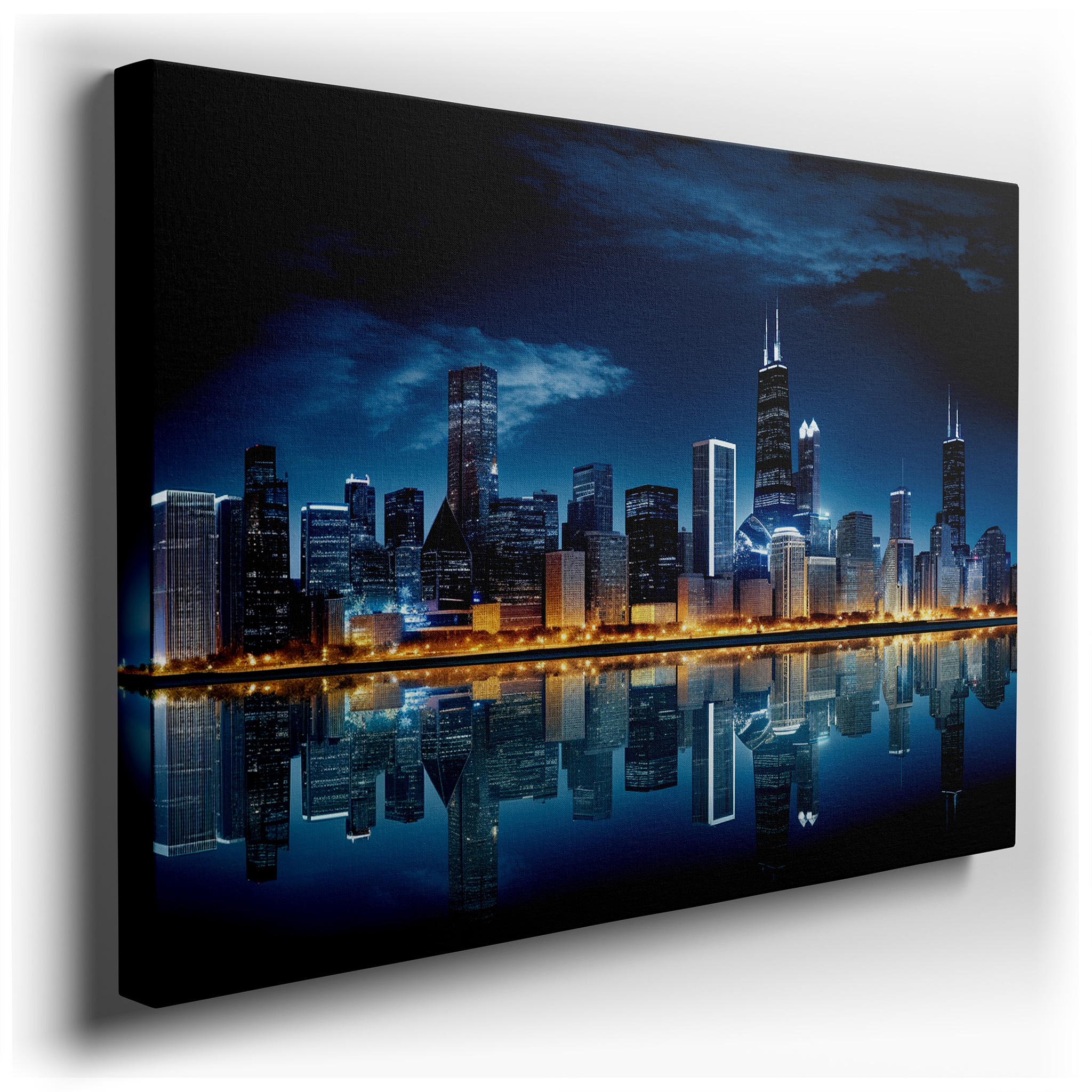 Chicago Skyline at Night: Light Symphony and Reflections - Large Wall Art, Canvas, Decor for Office and Bedroom wrapped