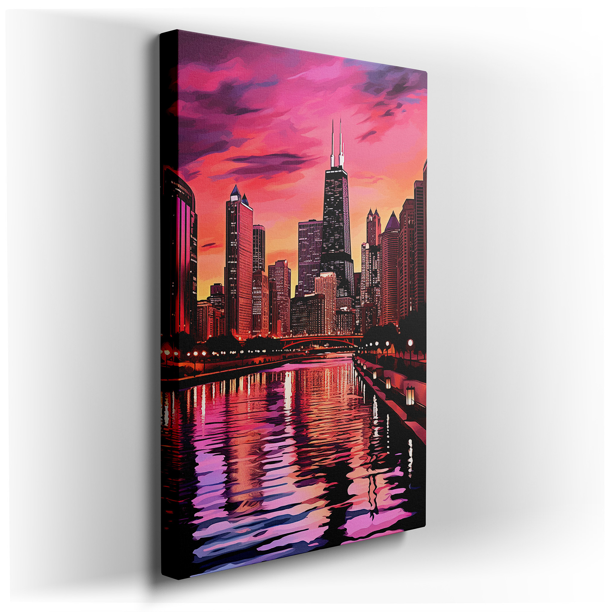 Chicago Skyline at Sunset Canvas Wall Art: Enchanting Purple and Pink Hues, Ideal for Office Wall Decor wrapped canvas
