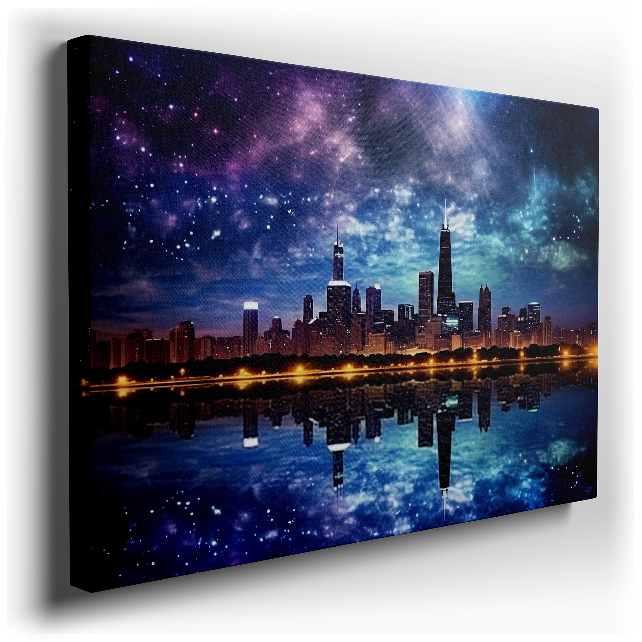 Chicago Skyline with Cosmic Splendor: Celestial Cityscape Fusion - Large Canvas Wall Art for Office and Bedroom Decor