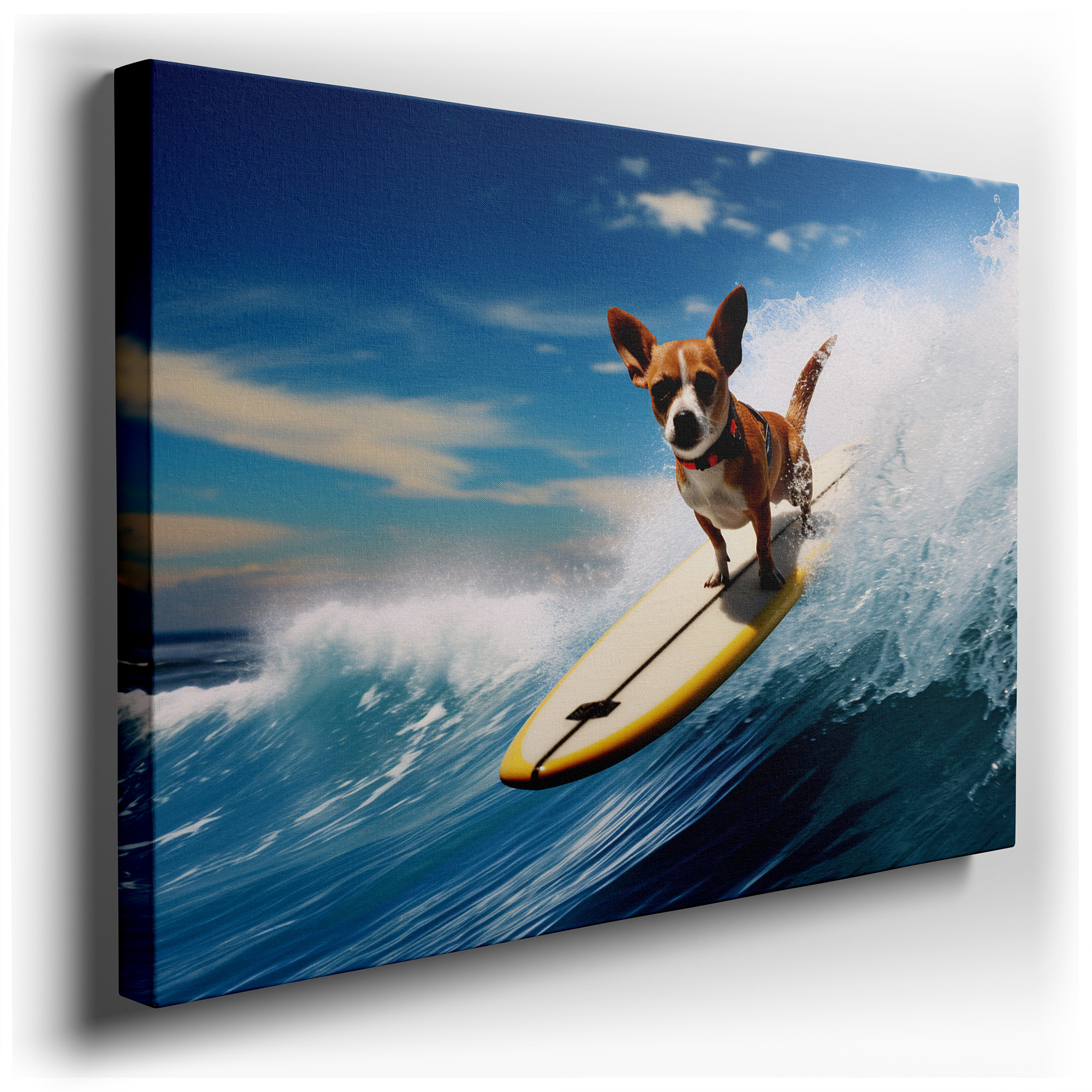 Chihuahua Surfing on a Yellow Board Among Blue Waves - Large Canvas Wall Art for Office, Bedroom, and Living Room Decor