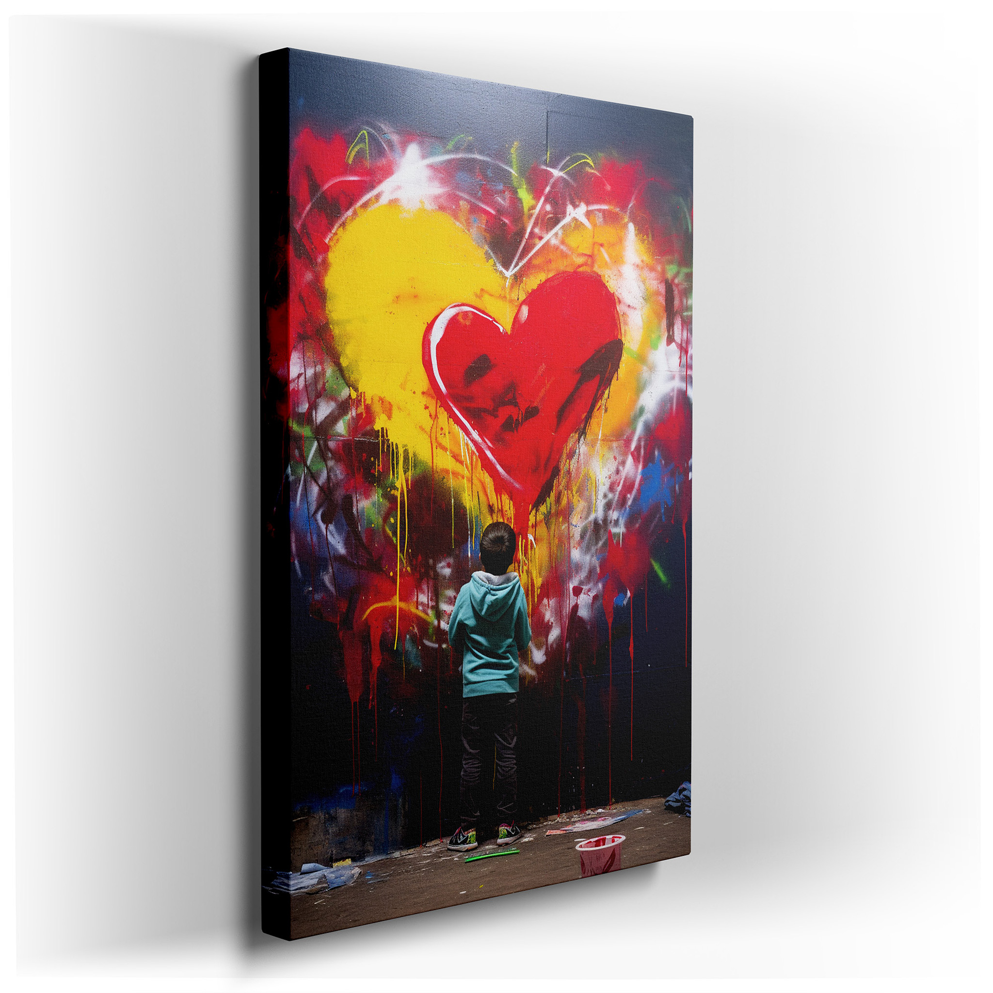 Child's Delight in Creating a Colorful Heart on a Large Urban Canvas, Wall Art for Bedrooms, Offices, and More wrapped