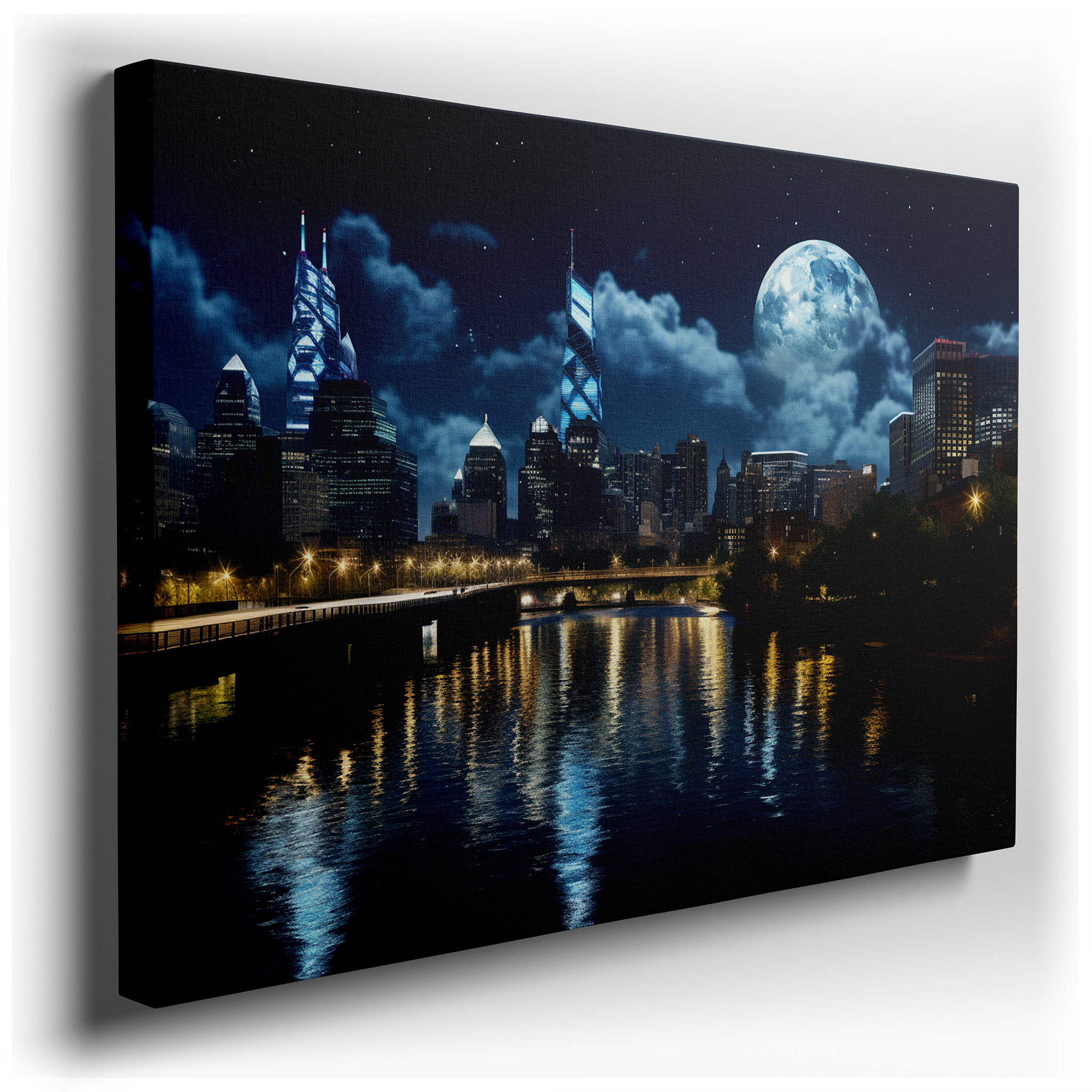 City Skyline at Night - Urban Splendor and Nature's Serenity Large Wall Art, Canvas Wall Art, Wall Decor for Office,