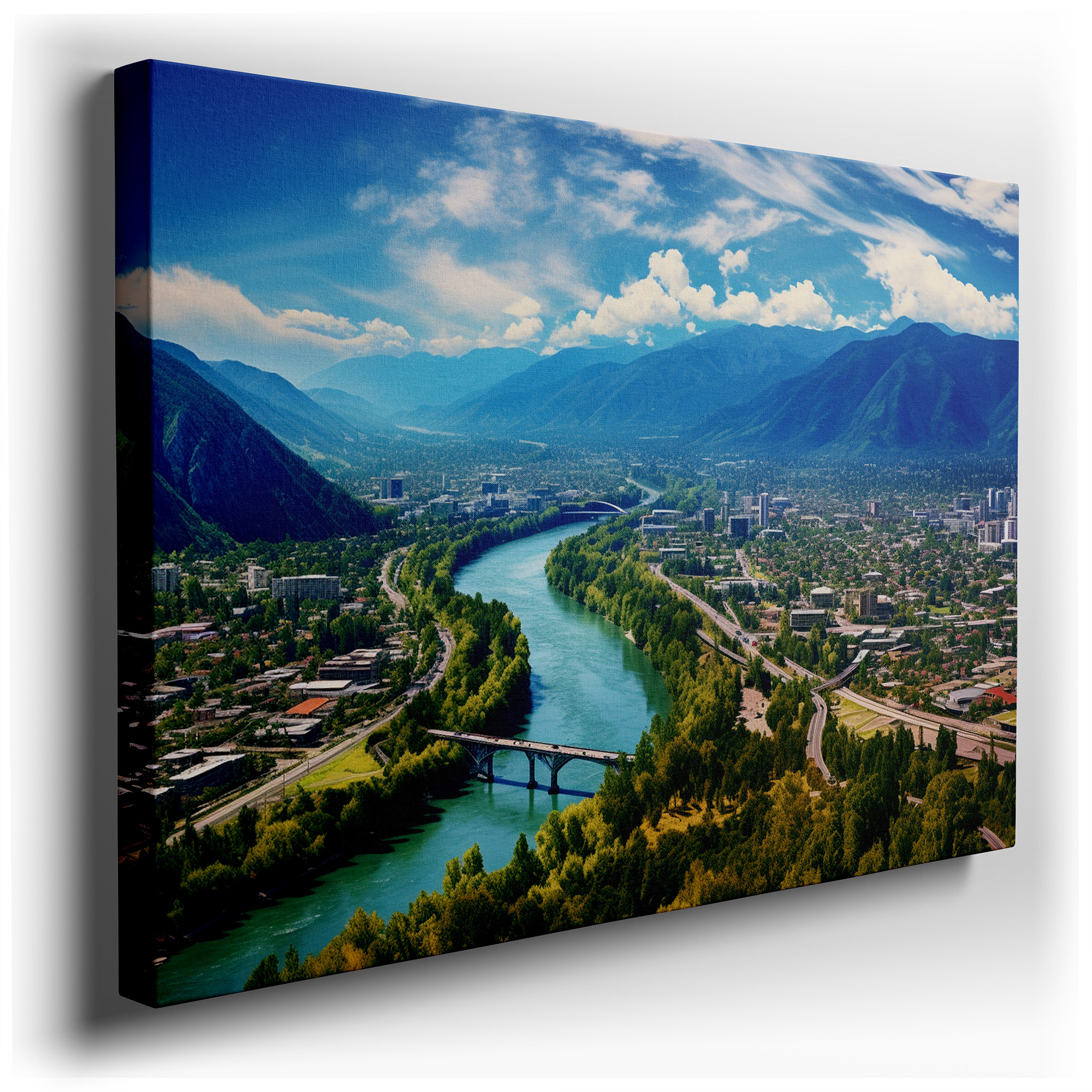 Cityscape and Nature Aerial Symphony, Majestic Mountains and Serene Skies Canvas Wall Art, Large Wall Decor for Office