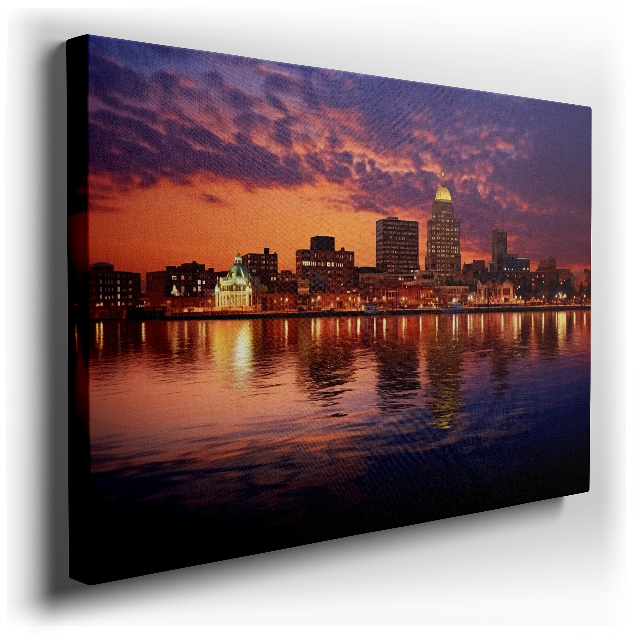 Cityscape at Dusk: Sunset Hues and Tranquil Reflections - Large Canvas Wall Art for Office and Bedroom Decor wrapped