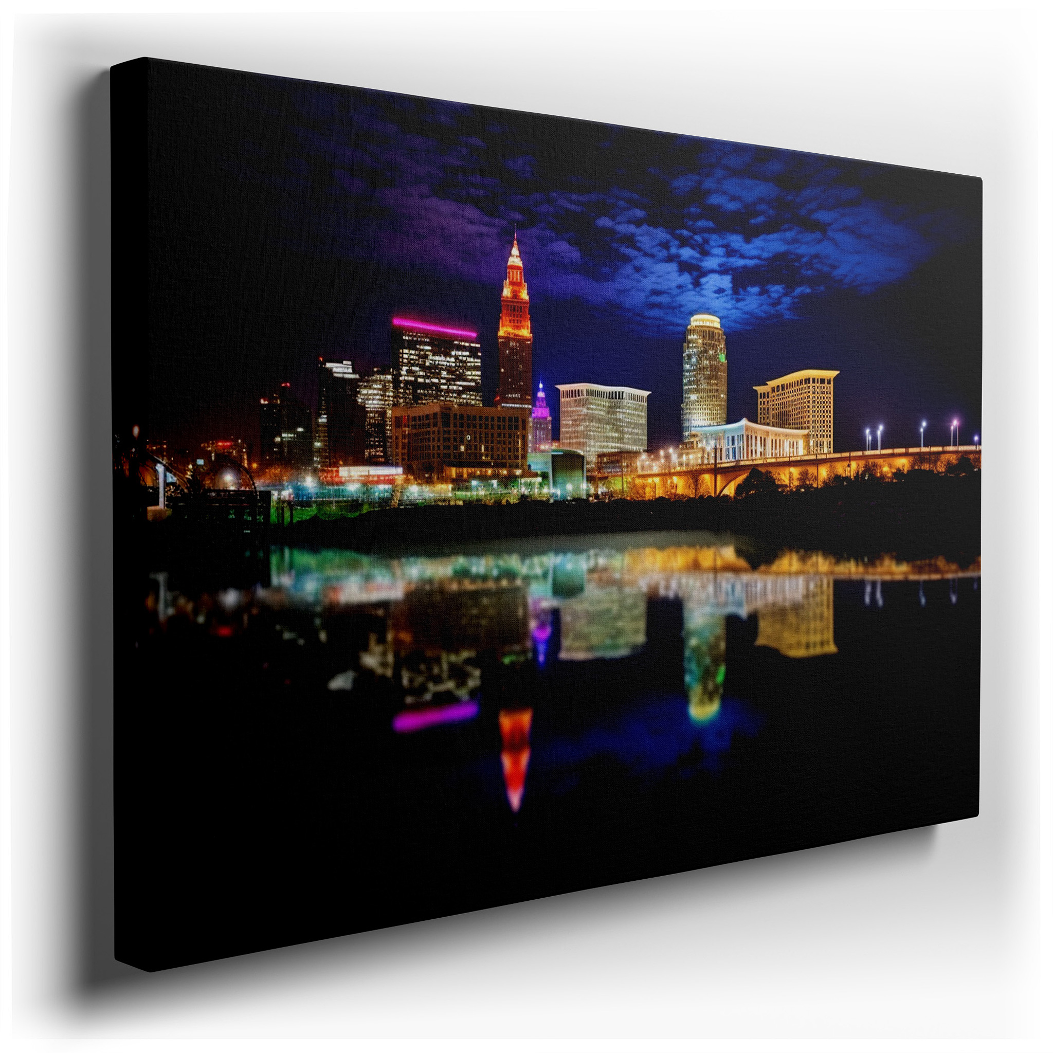 Cleveland's Nighttime Skyline: A Vivid Display of City Lights and Reflections - Large Wall Art, Canvas Wall Art, Wall