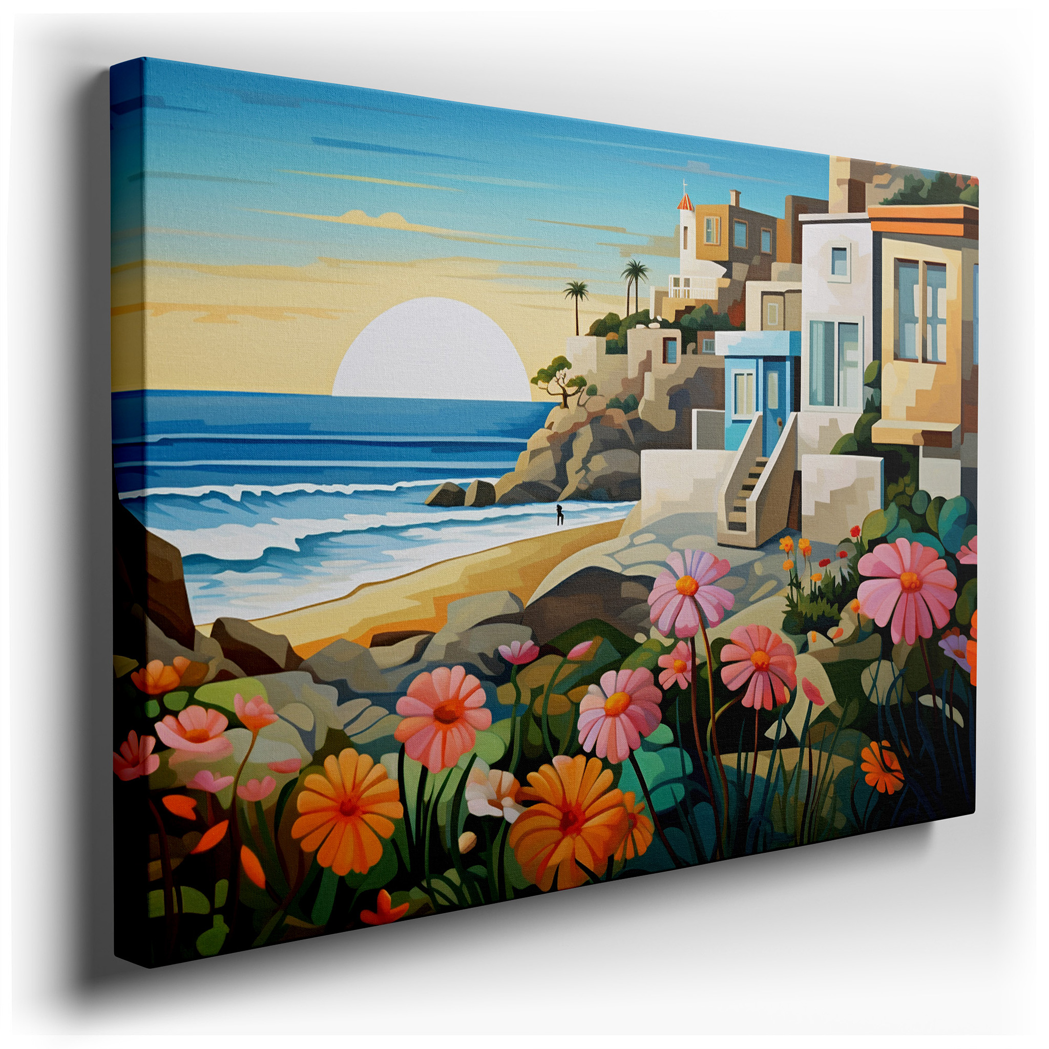 Coastal Calmness Featuring Bright Flowers and Peaceful Waves: Large Canvas Wall Art for Office, Bedroom, and Living