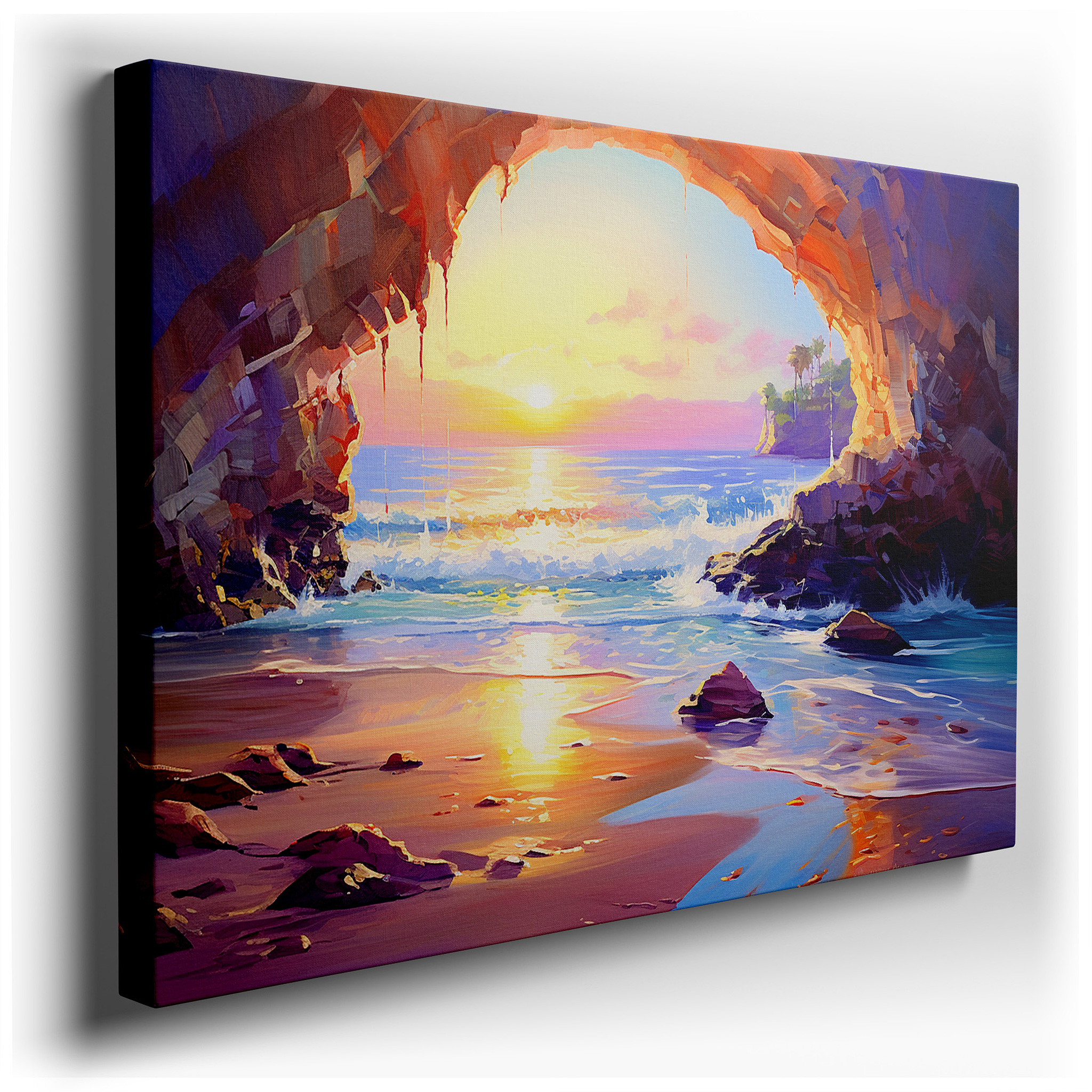 Coastal Cavern's Golden Glow: Majestic Archway Where Ocean Meets Rock - Large Canvas Wall Art for Office and Bedroom