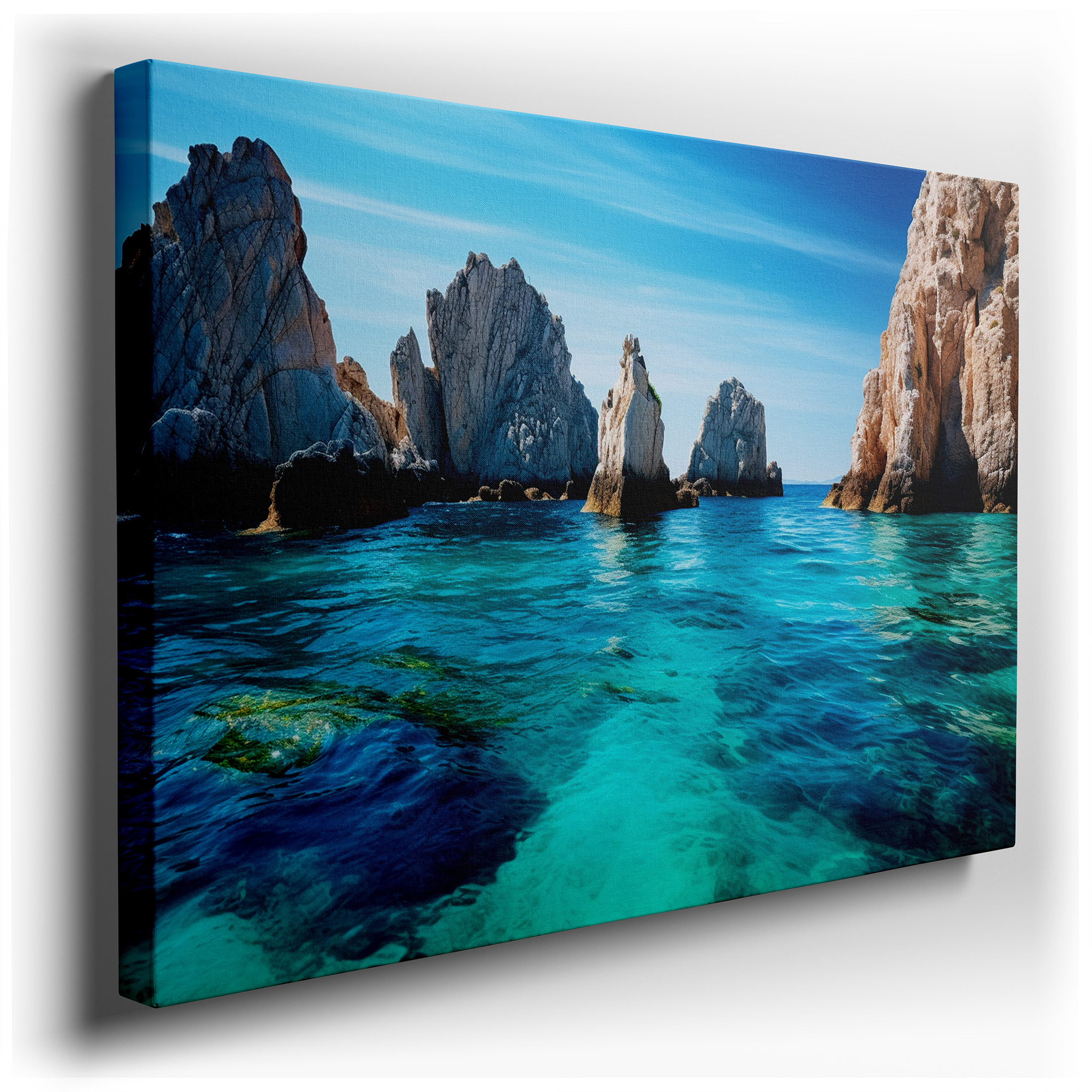 Coastal Clarity - Turquoise Waters and Rocky Shores Beneath an Expansive Blue Sky Large Wall Art, Canvas Wall Art, Wall