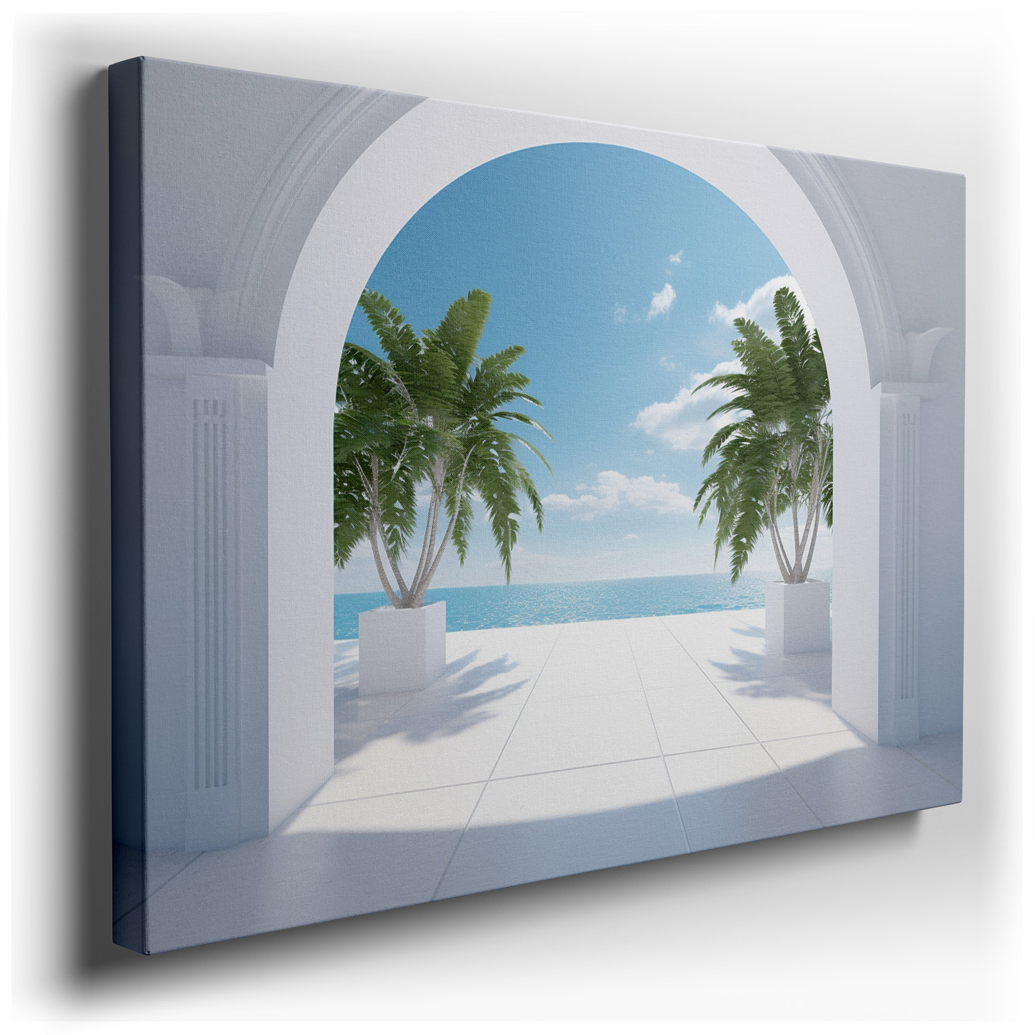 Coastal Elegance Featuring Arches, Lush Palms, and Tranquil Blue Waters: Large Wall Art, Canvas Wall Art, Wall Decor
