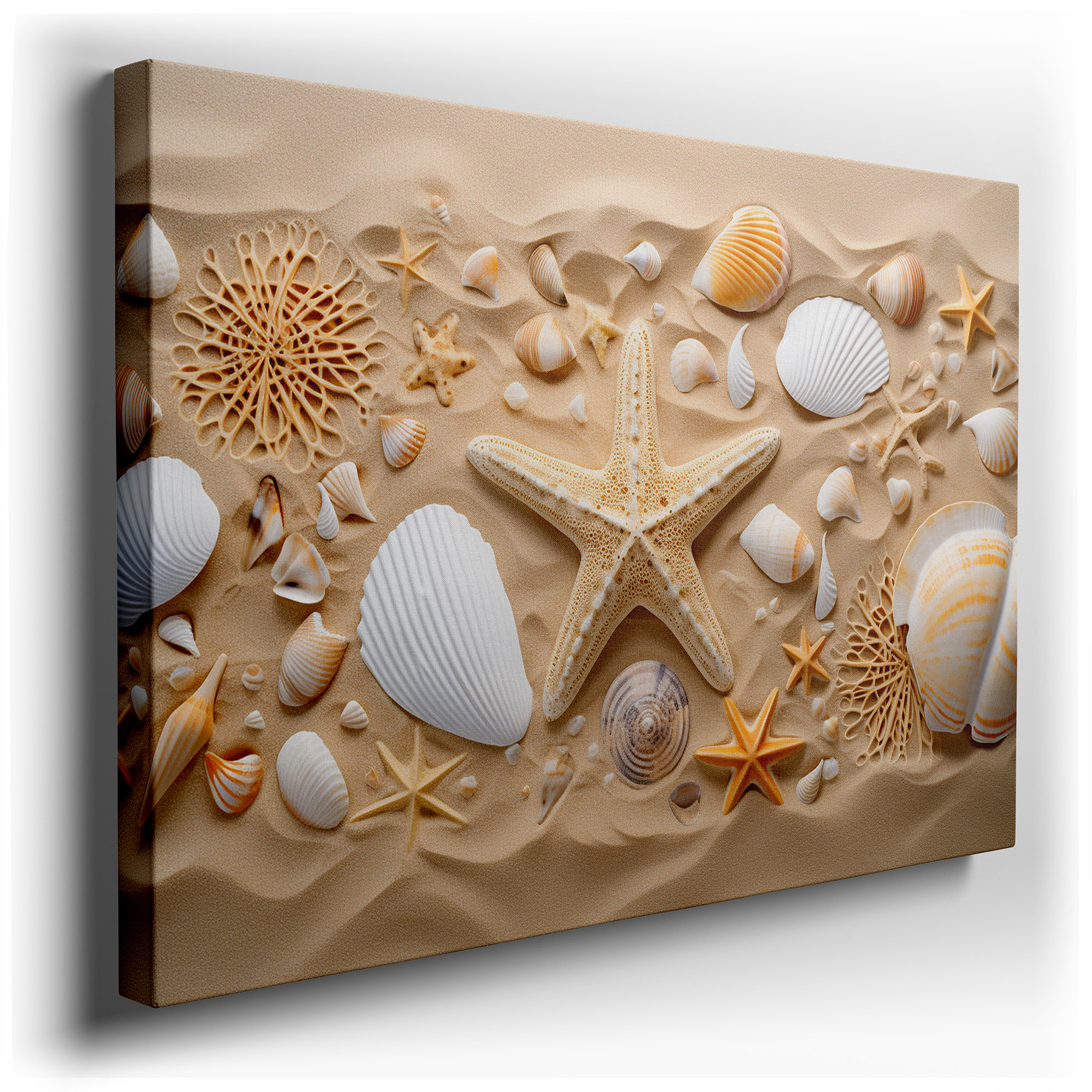Coastal Gems on Sunlit Shores - Peaceful Shell and Starfish Collection Large Wall Art, Canvas Wall Art, Wall Decor for