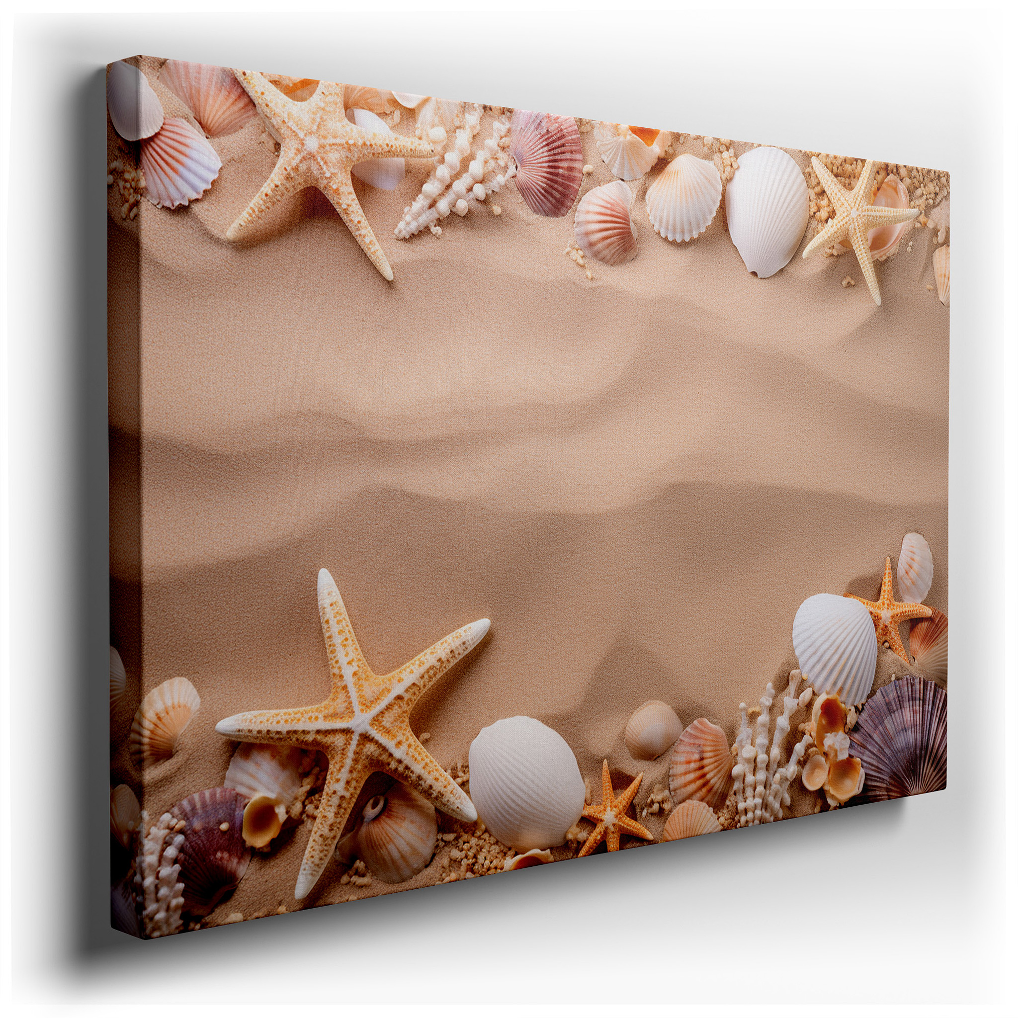 Coastal - Inspired Wall Art Featuring Seashells and Starfish on a Sandy Background - Perfect for Living Rooms,