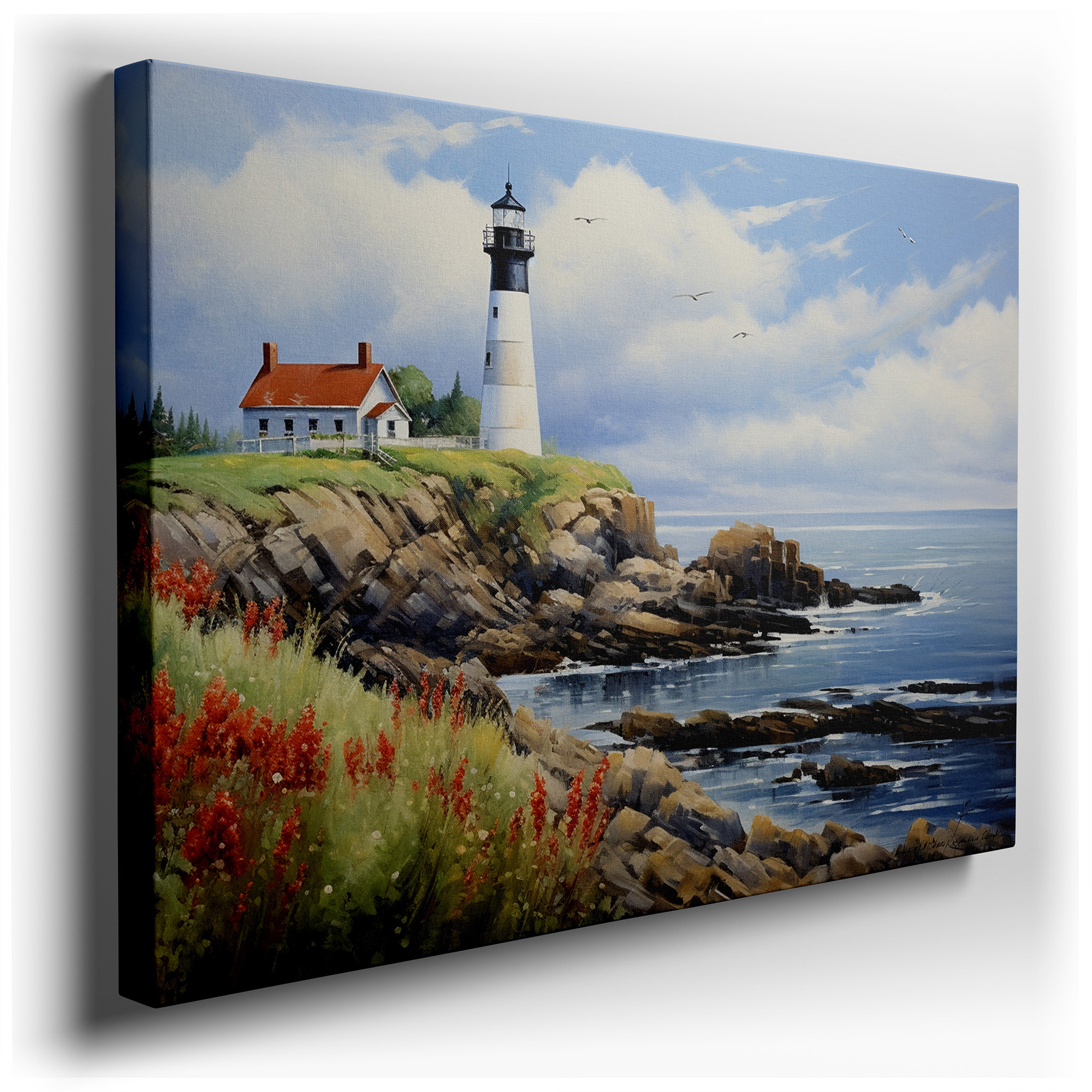 Coastal Lighthouse on a Rugged Cliff - Tranquil Beacon Amidst Nature's Wild Beauty: Large Wall Art, Canvas, Wall Decor