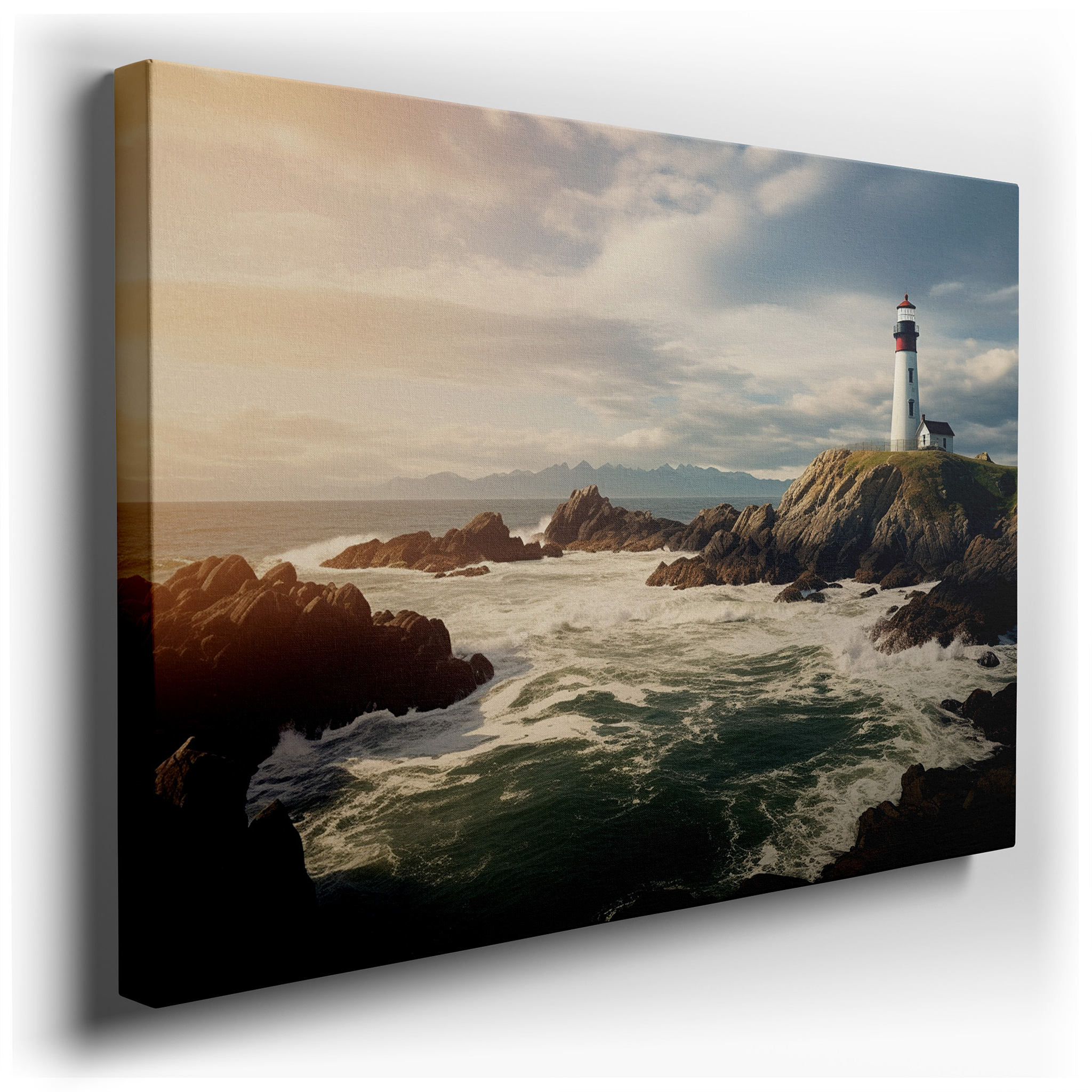 Coastal Lighthouse on Cliffs at Sunset Large Canvas Wall Art for Office and Bedroom Decor wrapped canvas - main product