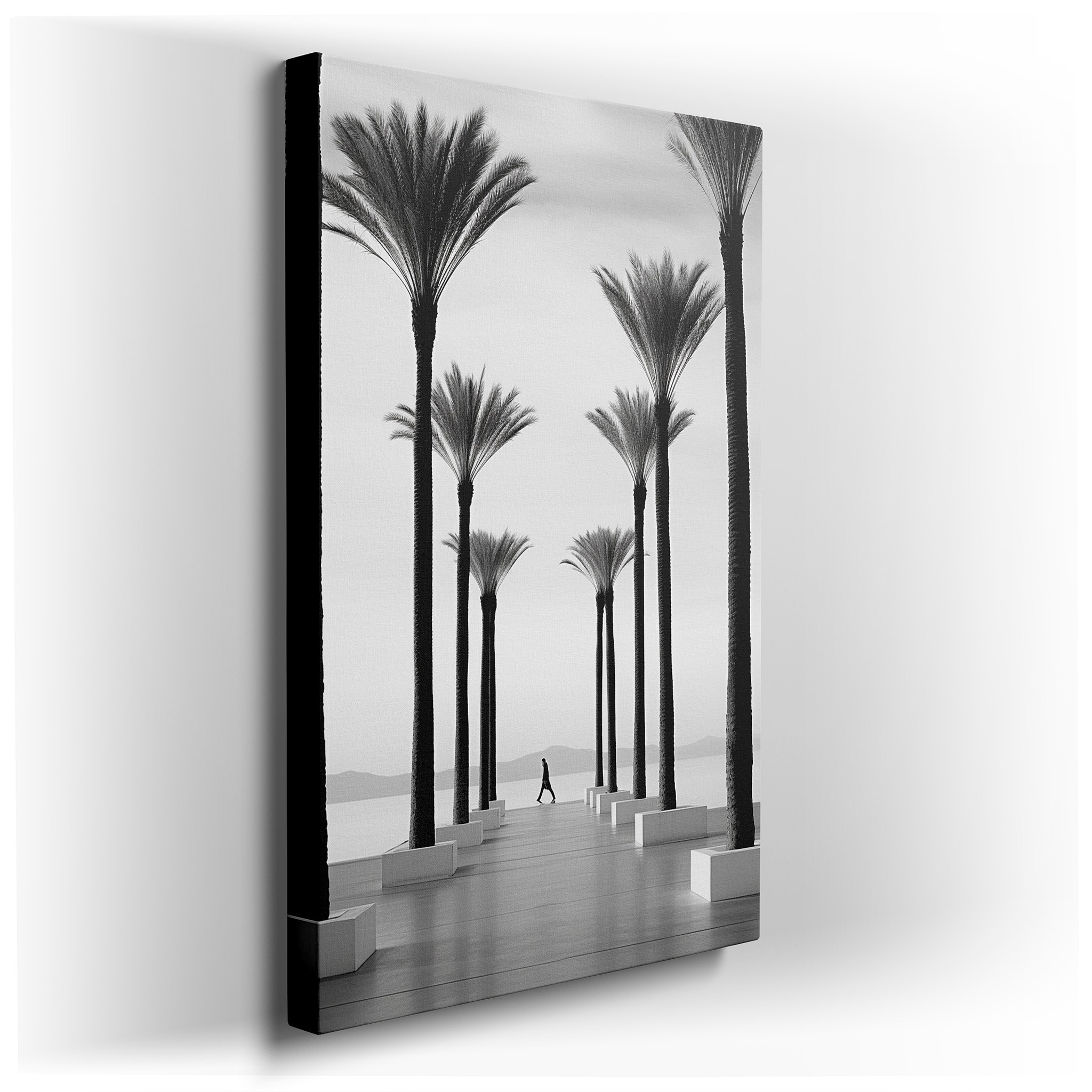 Coastal Pathway Wall Art: Featuring a Serene Walkway, Palm Trees, a Solitary Figure, and a Perfect Sea - Sky Horizon -