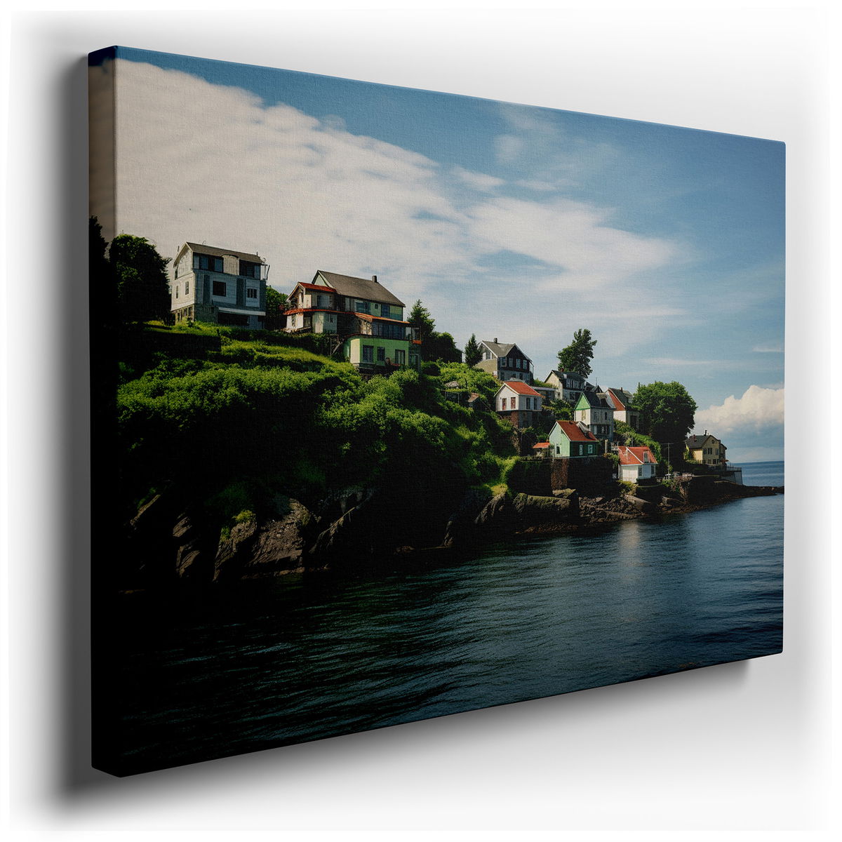 Coastal Serenity: Scenic Cliffside Village - Canvas Wall Art