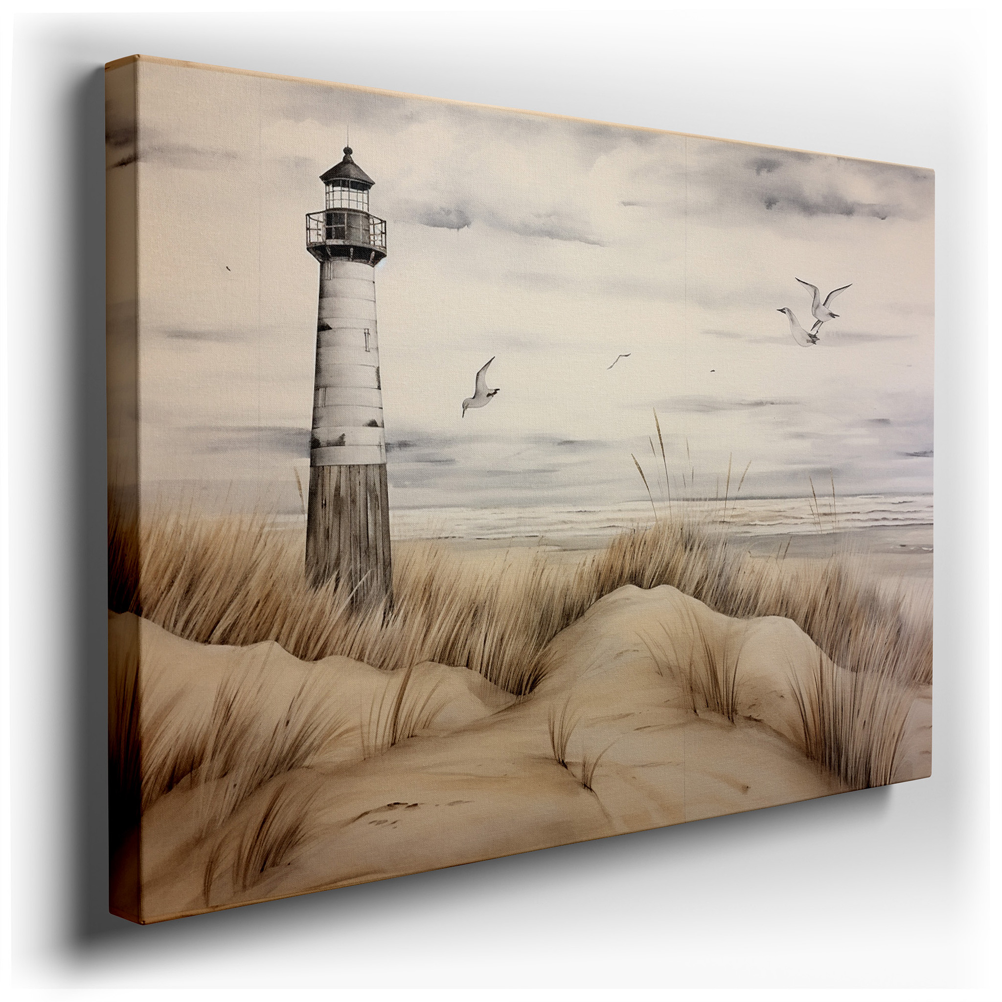 Coastal Serenity: Lighthouse, Sandy Dunes, and Soft Waves - Large Canvas Wall Art for Home and Office Decor wrapped